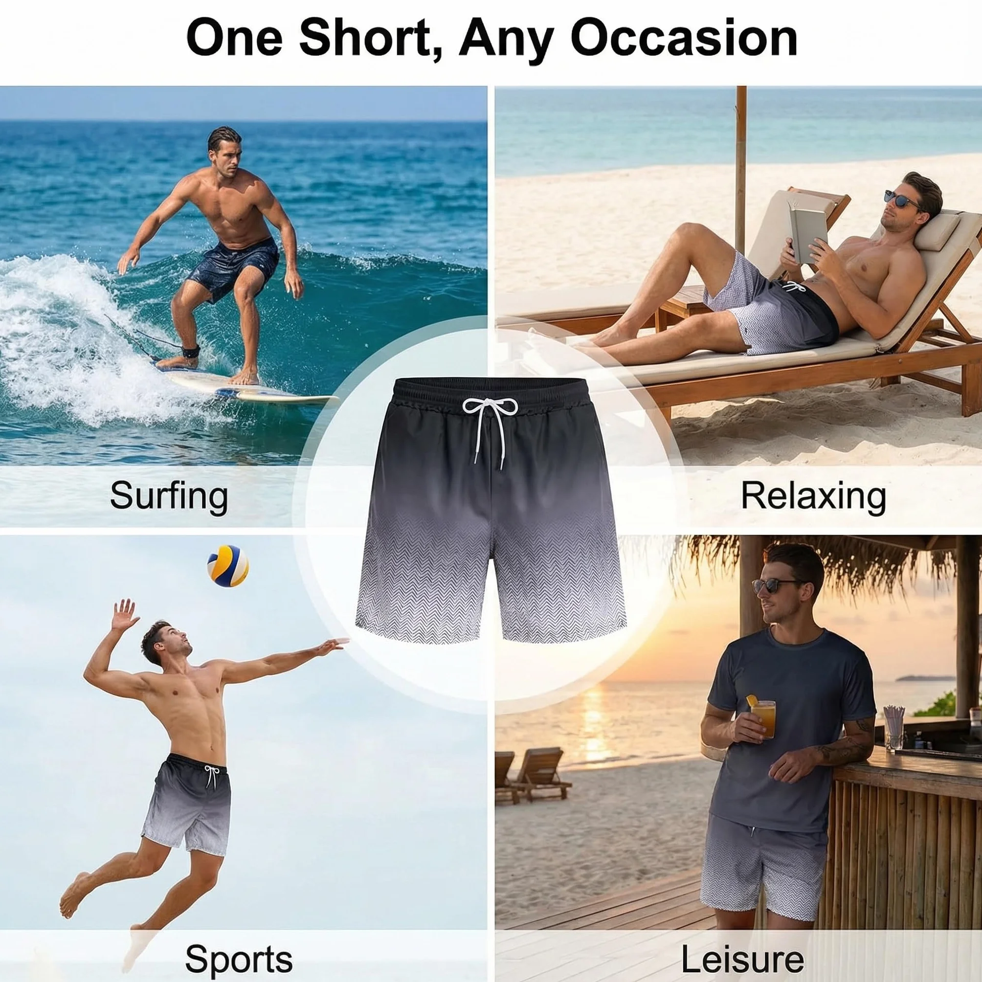Short de Bain Long Homme 2 en 1 avec Slip intégré Séchage Rapide