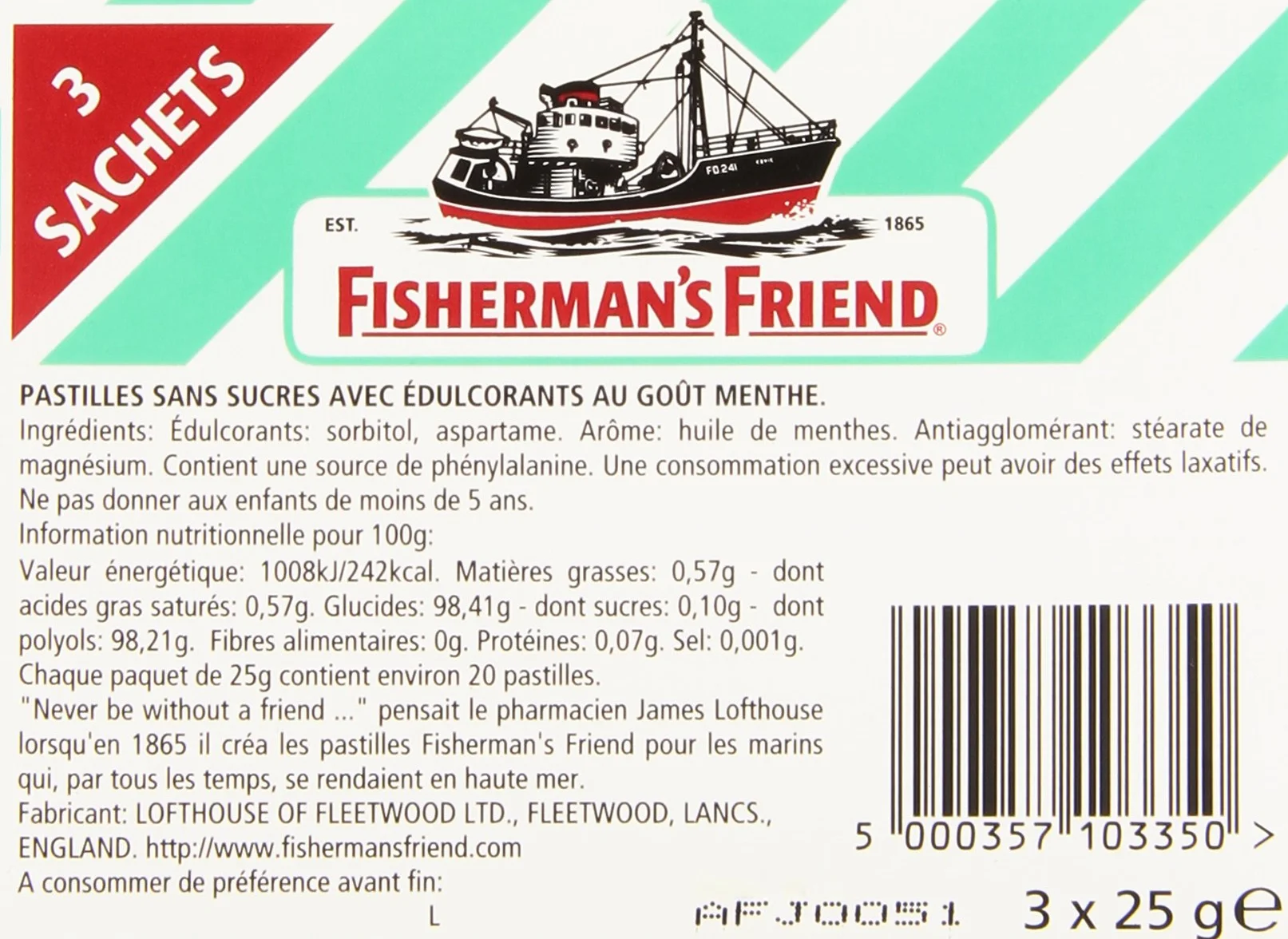 Fishermans Friend Menthe 3 sachets 25g