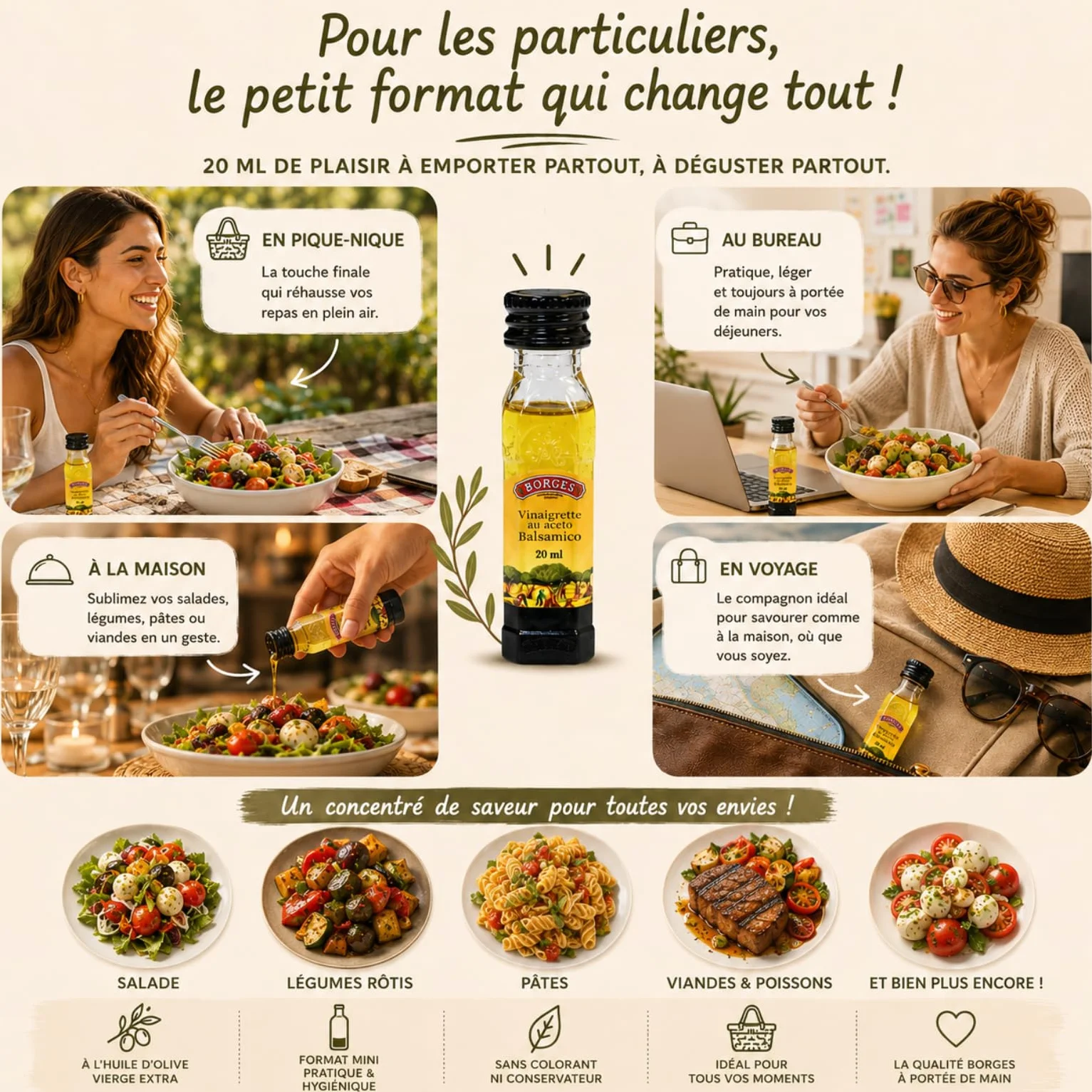BORGES | 30 Mignonettes de vinaigrette au vinaigre balsamique | Portions Individuelles de 20 ml refermables et pratique à emporter