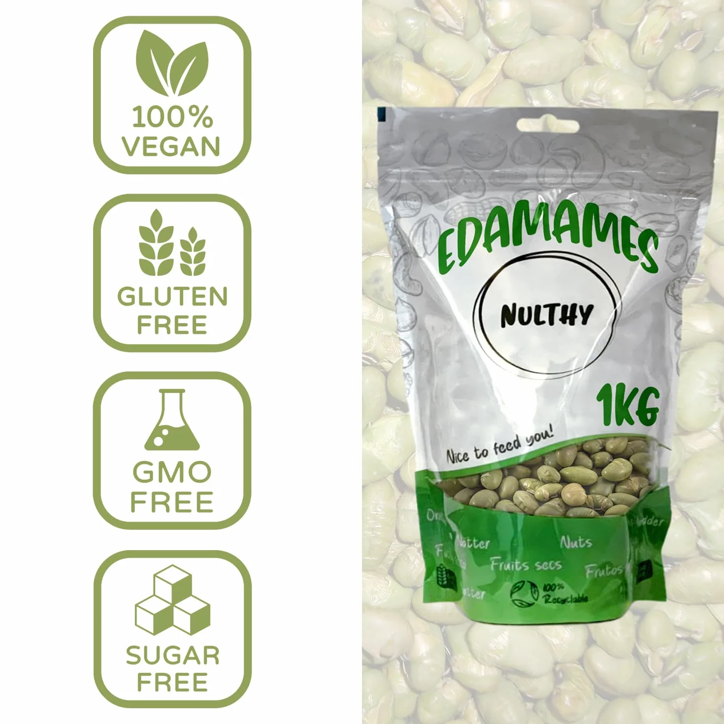 NULTHY - 1Kg Edamame Tostado - Feves Grillées, Salées, Snack Sain et Riche en Protéines, Edamame Croquant, Graine de Soja, Fèves, Idéal pour Collations & Apéritifs, Faible en Calories