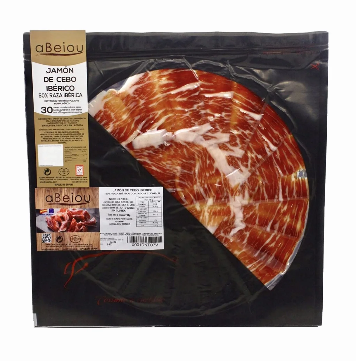 Jambon Ibérique Coupé à la Main 100 g (1 assiette) — Affinage +30 Mois — Certifié Hycer — Jamón Ibérico de Cebo — Guijuelo Espagne — aBeiou
