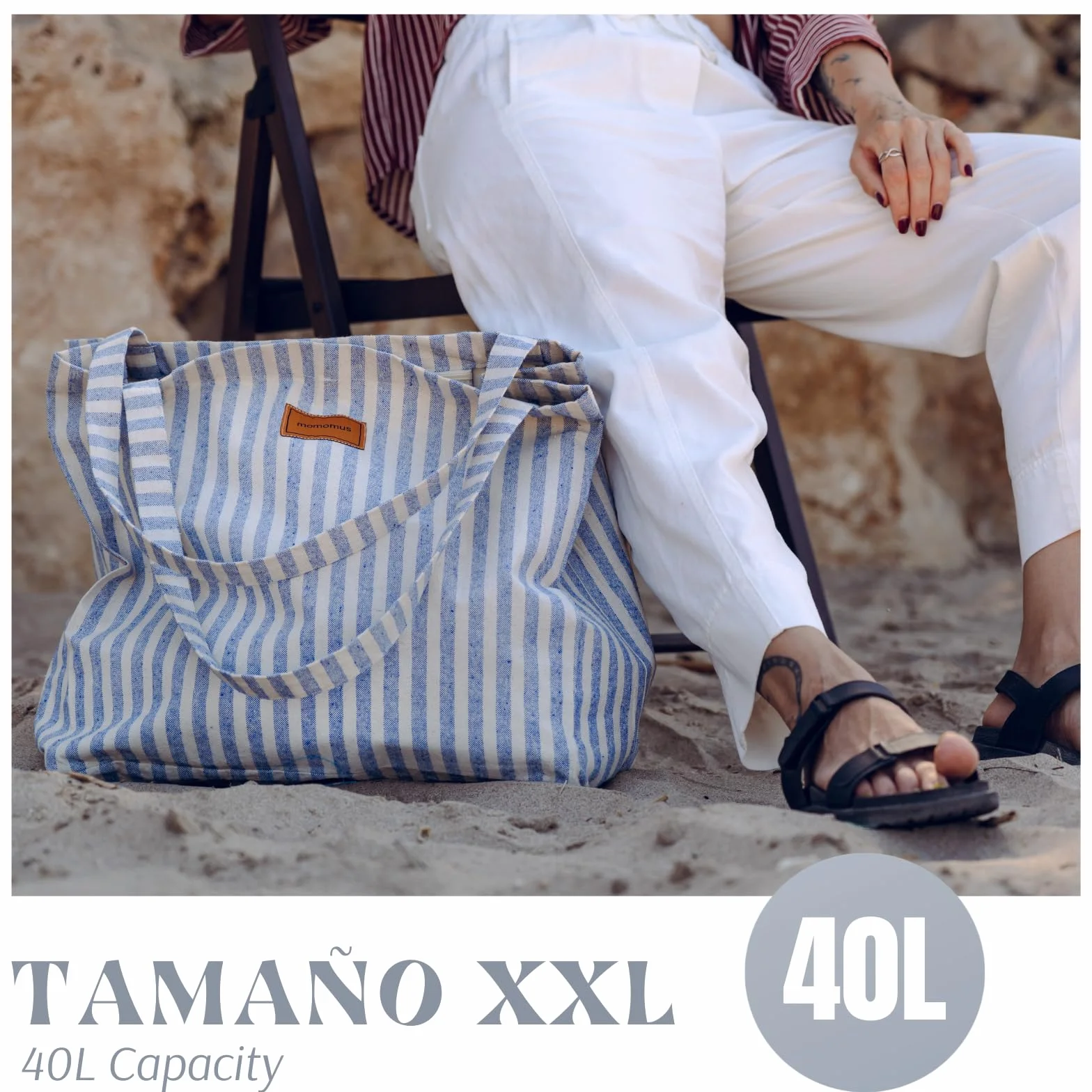 MOMOMUS Grand Sac de Plage Femme 100% Coton Recyclé Pochette Assortie Léger 60x40 cm