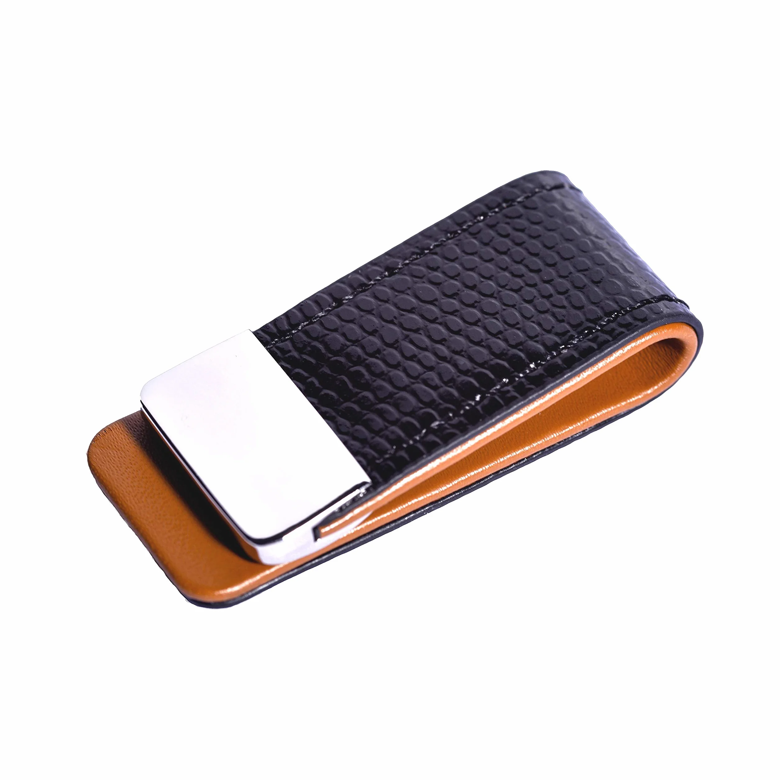 Pince à billets en cuir acier inoxydable Noir marron 55mm x 25mm