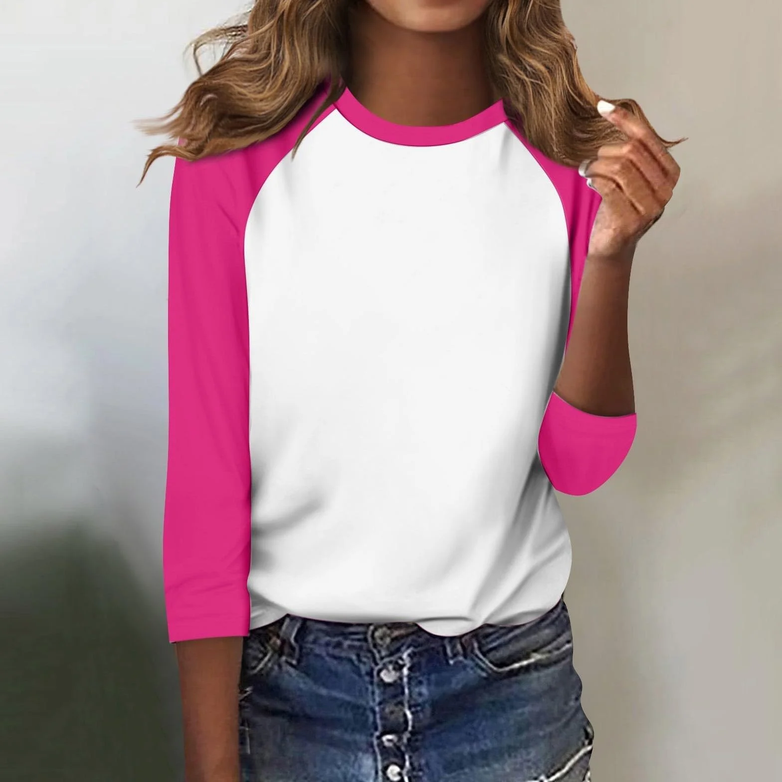 T-shirt femme manches 3/4 col rond bloc de couleurs léger sport décontracté été