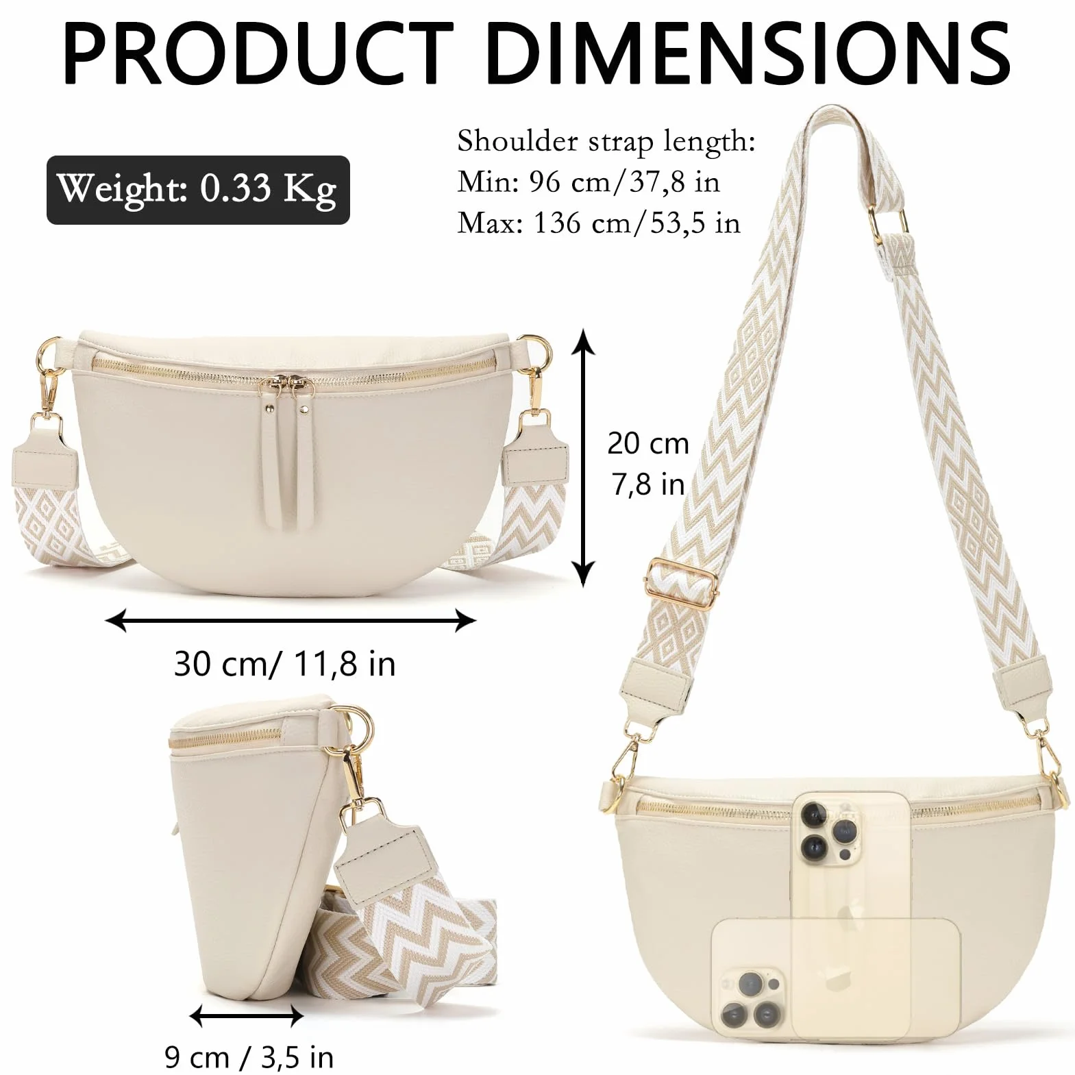Sac Banane Femme Grand Sac Bandoulière Cuir Vegan 30x20cm Blanc Beige