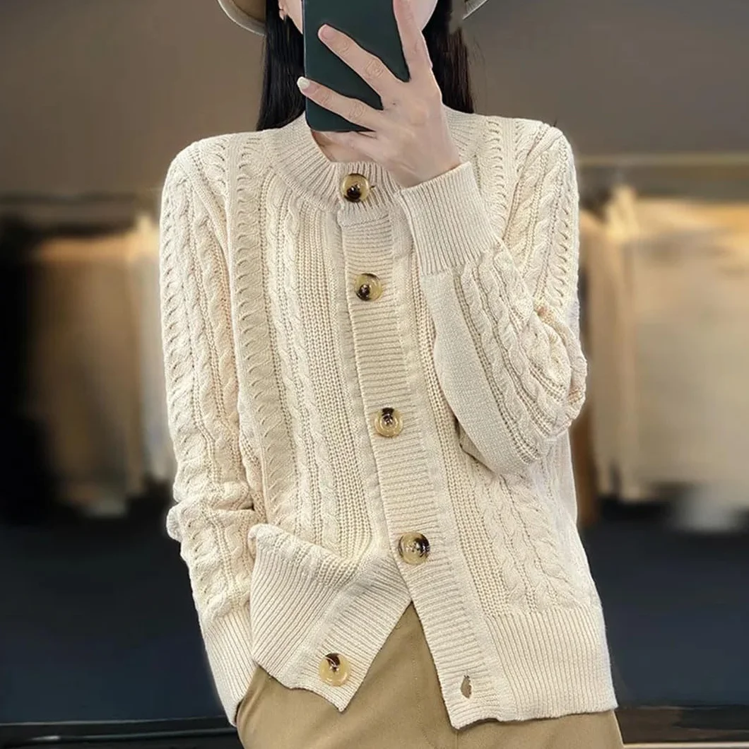 Alloaone Cardigan Ample Femmes Col Rond Manches Longues Pull Torsadé