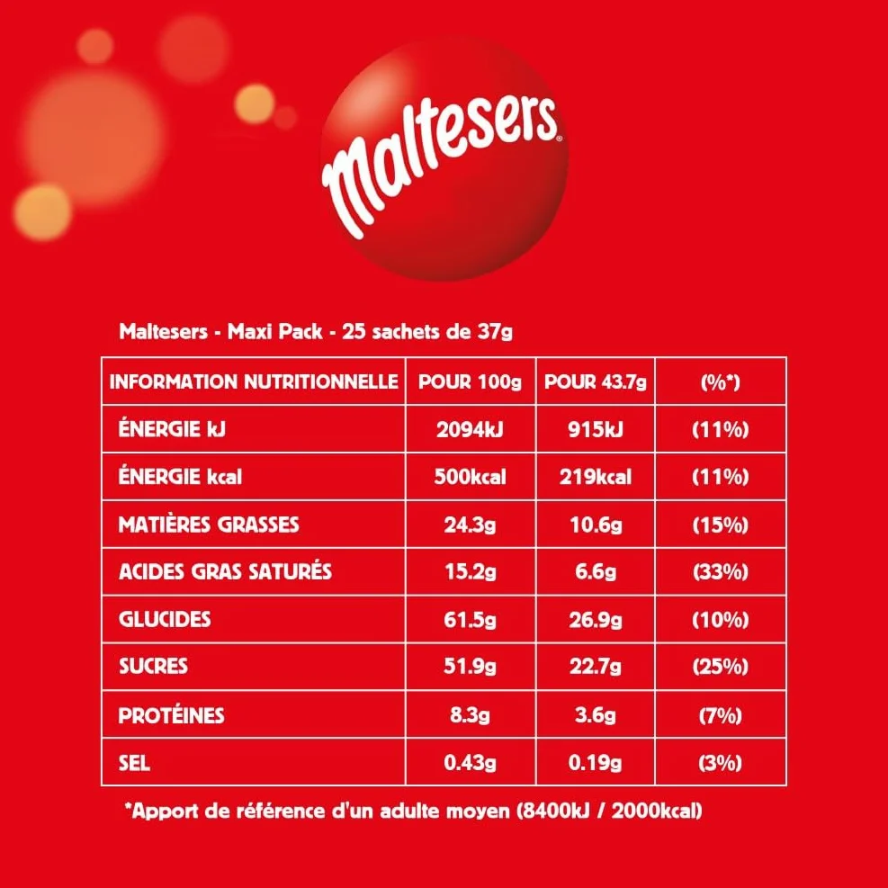 MALTESERS - Bonbons Chocolat au Lait Cœur Croquant - 25 x 37g Sachets de Chocolats