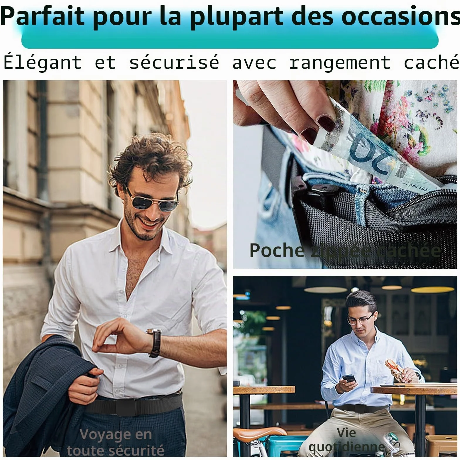 Ceinture de Voyage Porte-Monnaie avec Pochette Secrète, Cache Billets, Noir