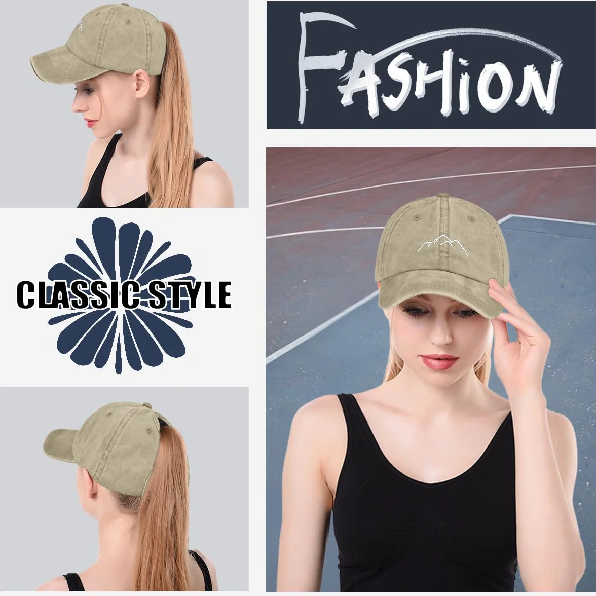 Casquette Baseball Femme Tiakay Queue de Cheval Motif Brodé Vintage Délavé Réglable Trucker Cap