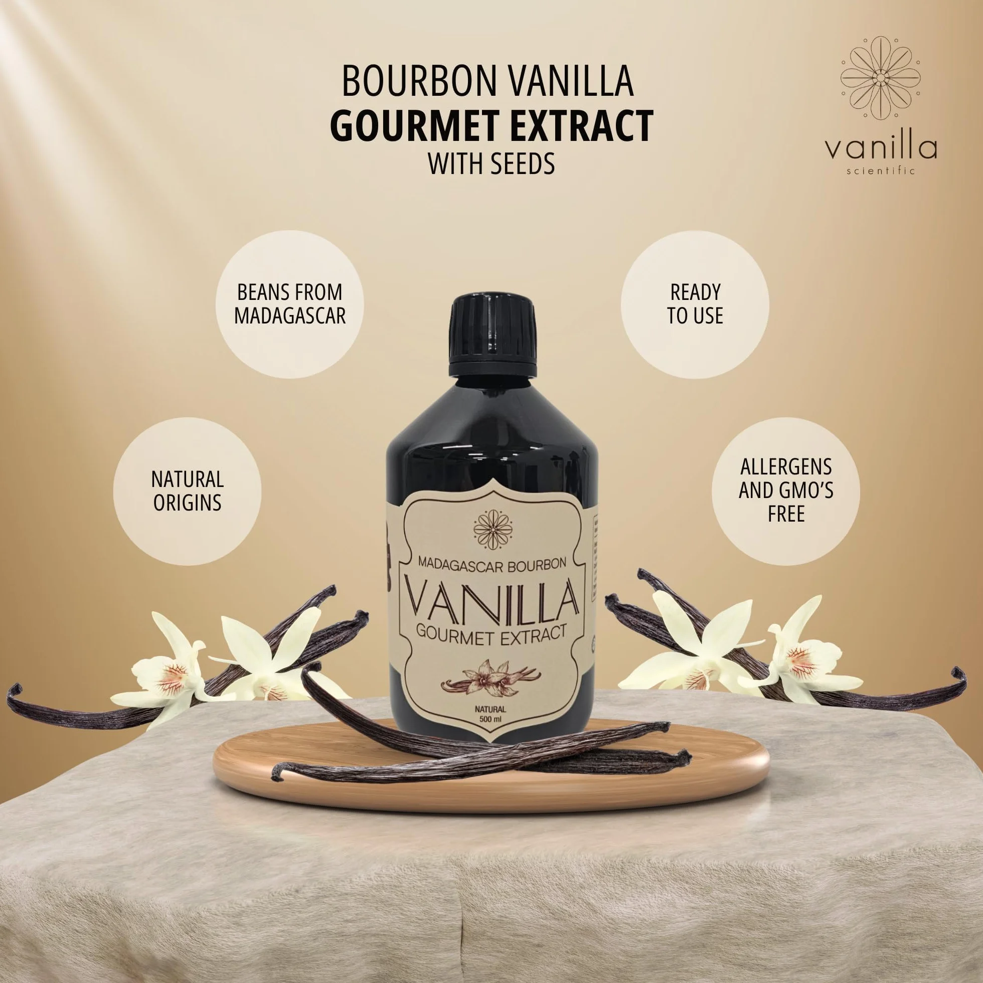 Vanilla Scientific Pure Bourbon Gourmet Vanilla Extract with Seeds - Madagascar 100% Natural Extract for Baking and Cooking - Alcohol Free, Gluten Free, Vegan, 500ml