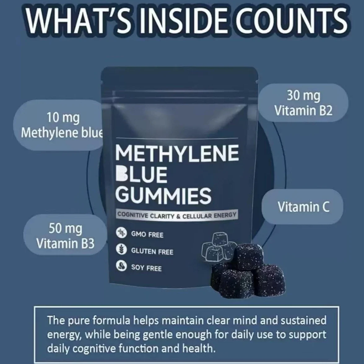 Gummies au bleu de méthylène, fournissant une énergie soutenue - Sans OGM - Végétalien