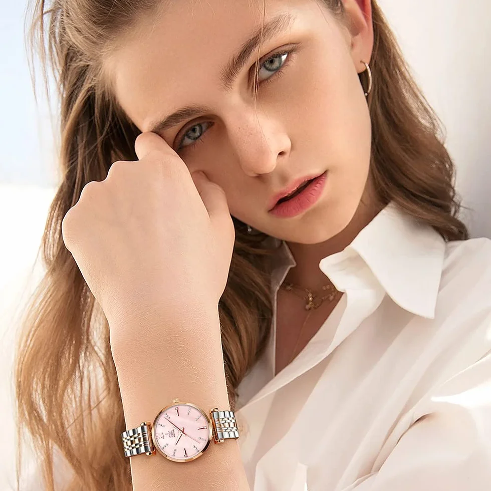 SHENGKE SK Montre Classique pour Femme avec Bracelet en Acier Inoxydable et Cuir véritable