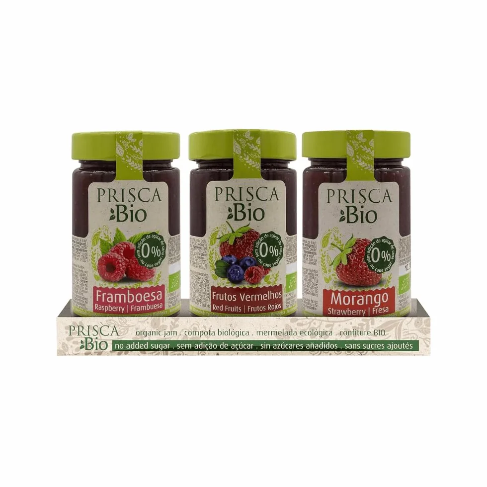 Confitures 100% biologiques de Framboise - Fruits Rouges - Fraise - Sans sucre ajouté - Produit biologique certifié - Emballage de 3 unités de 240 gr chacune