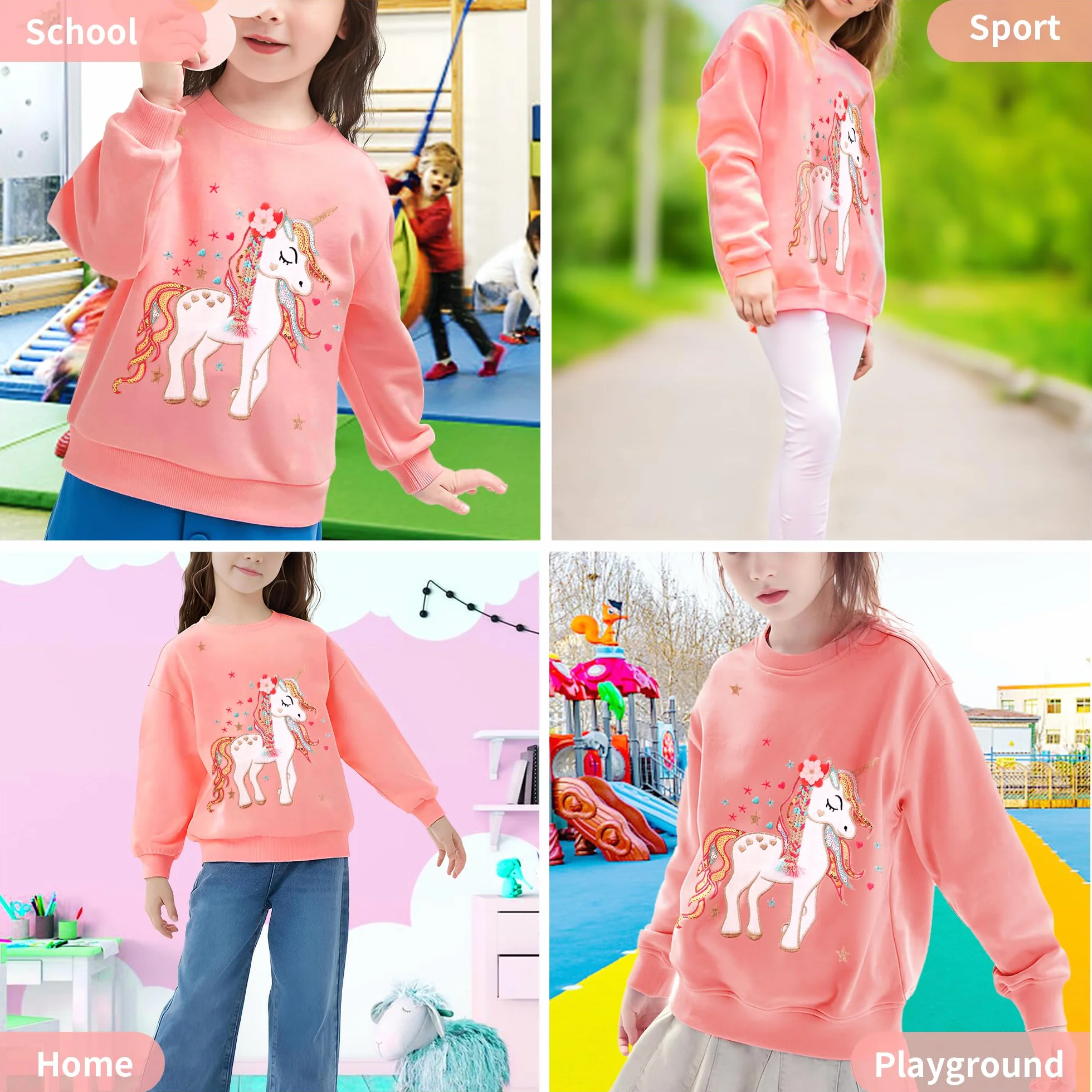 Sweatshirt Enfant Fille Cheval Licorne Arc-en-Ciel Col Rond Coton Gris Rose Manches Longues Casual Tops 2-7 Ans