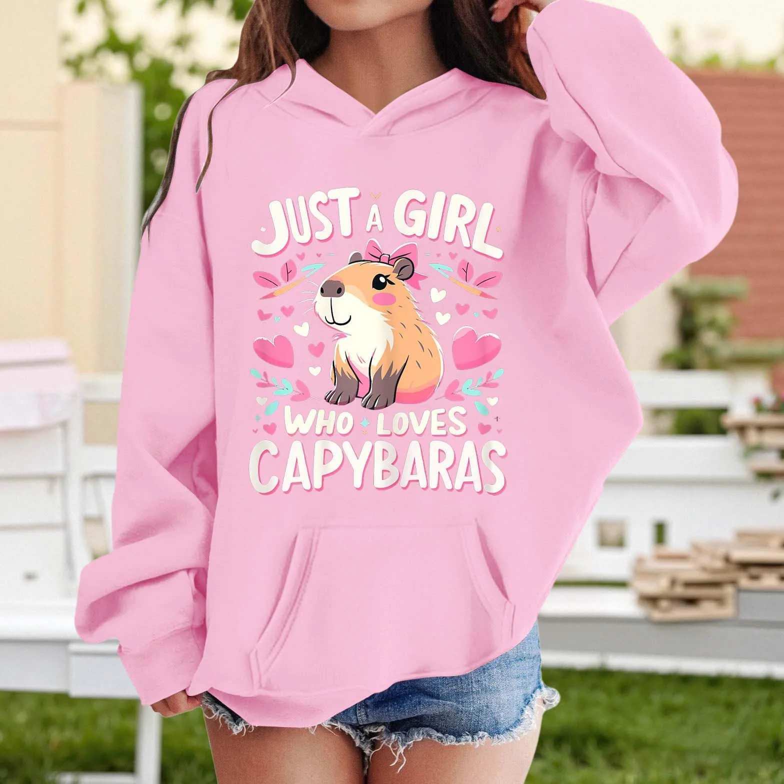 Sweat à capuche fille hiver capybara imprimé manches longues poche