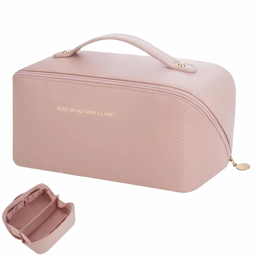 Trousse de Toilette Voyage Grande Capacité Imperméable PU Rose avec Poignée