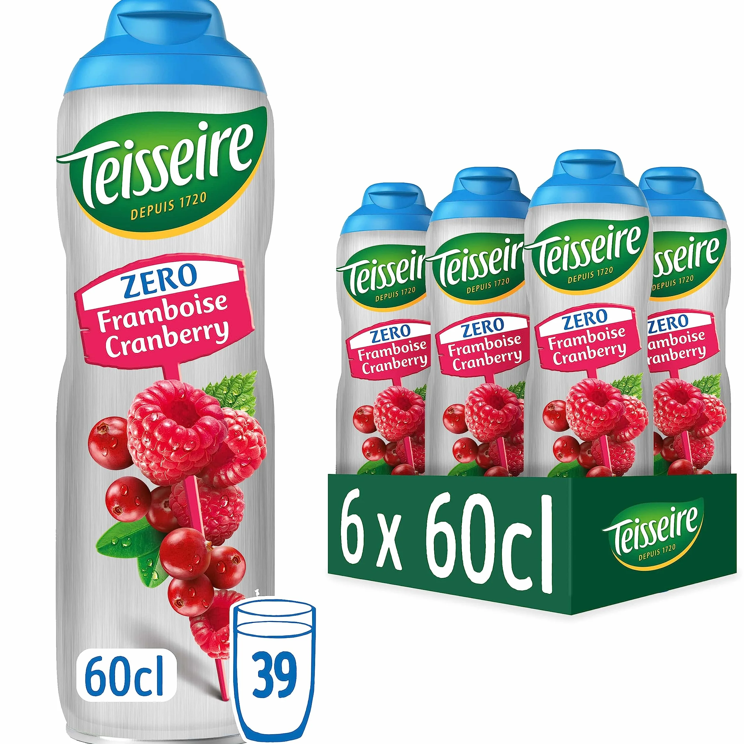 Teisseire Zéro Sucre, Sirop de Framboise Cranberry pour Boisson Rafraîchissante, Cocktails, Bidon 6x60cl