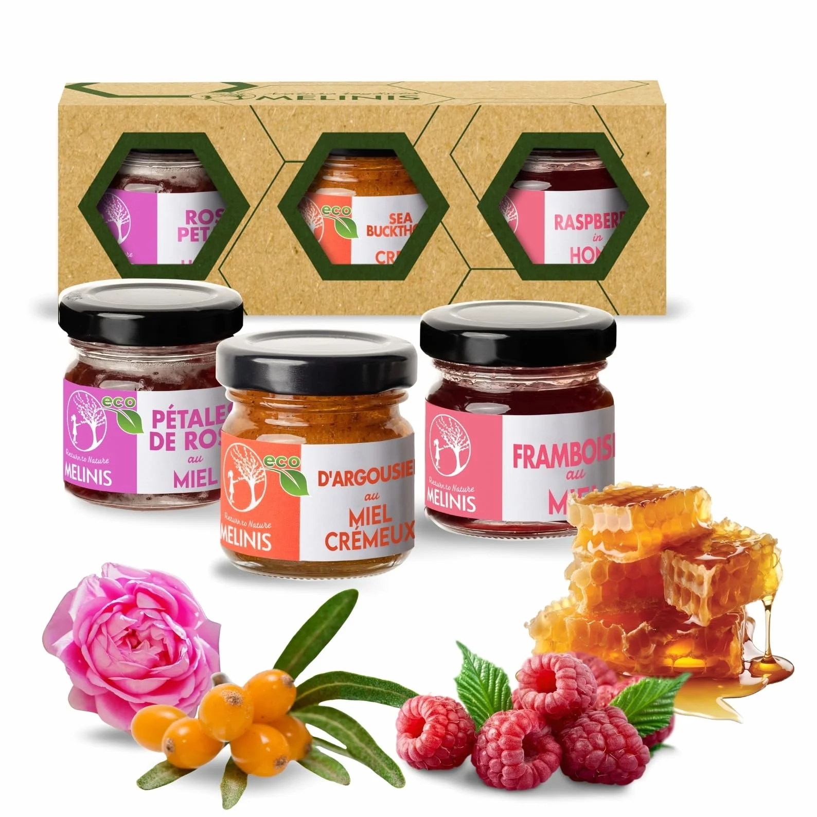 Coffret 3 × 40 g Crèmes de Miel Bio – Acacia à l’Argousier, à la Framboise et à la Rose – Sans Sucre Ajouté – Pour Petit-Déjeuner, Desserts ou Cadeau – Melinis