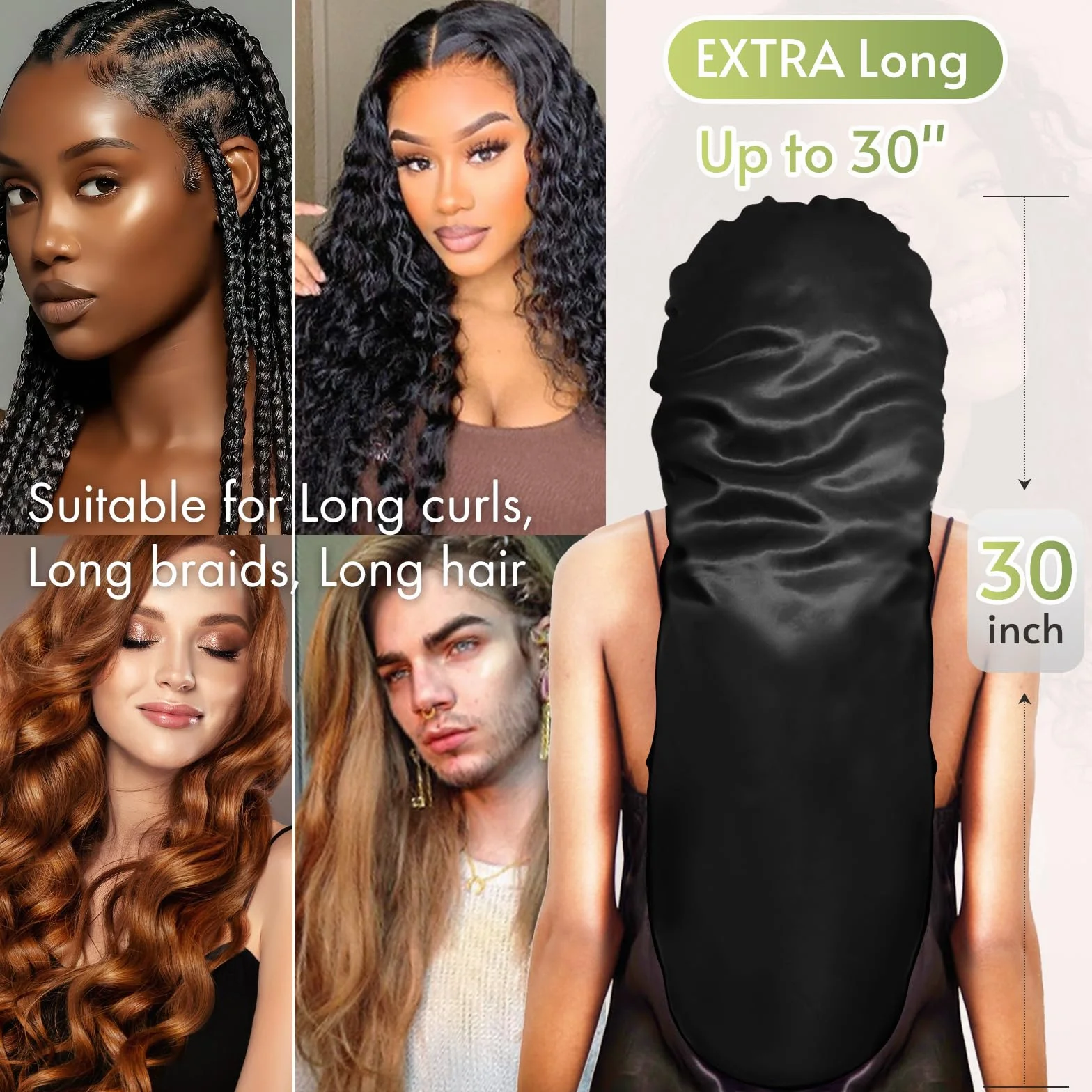 BONNET QUEEN Bonnet Satin Cheveux Longs Nuit Anti-Glisse avec Long Bandeau Réglable, Protection Anti-Frisottis pour Cheveux Très Longs, Noir