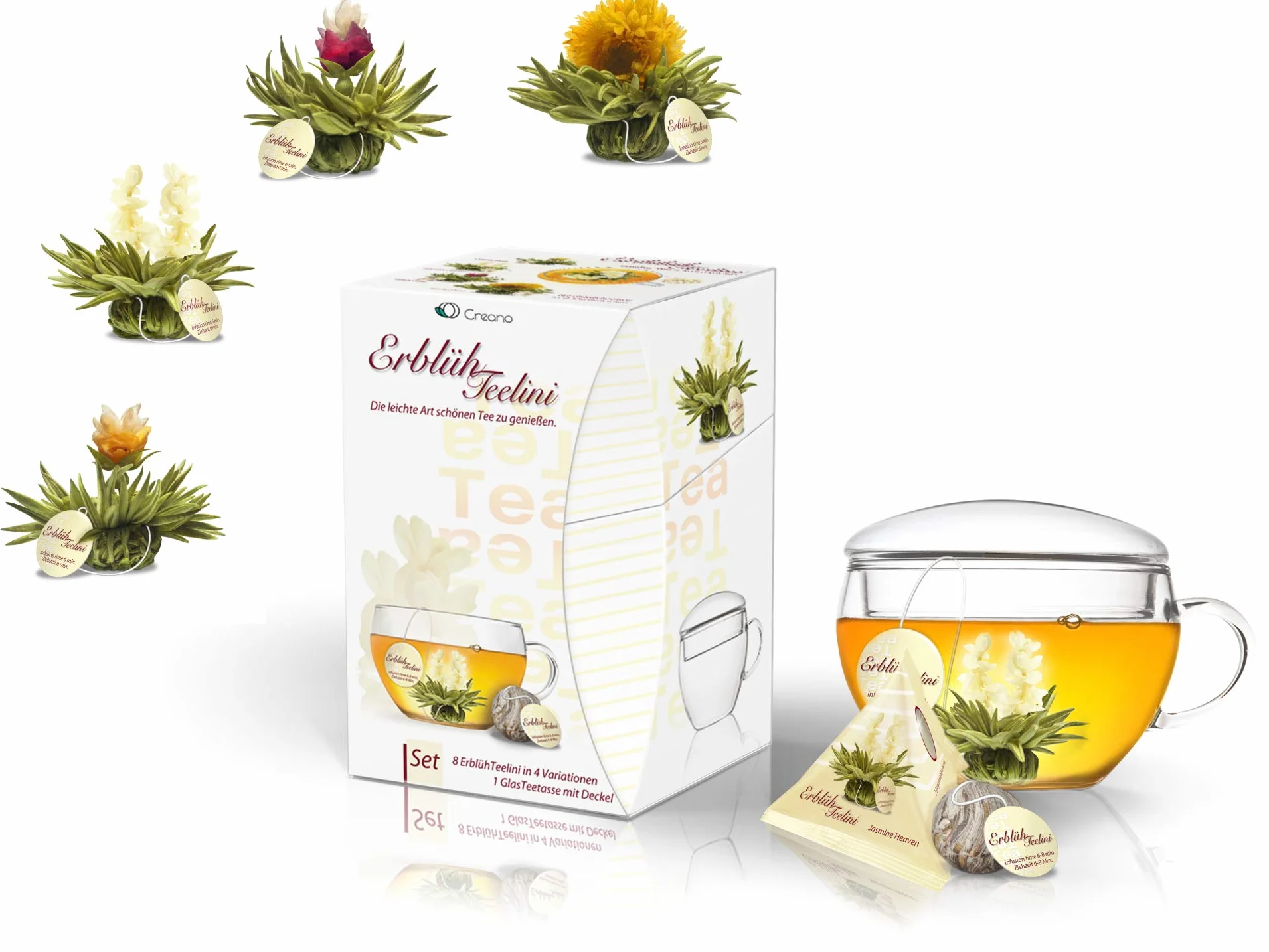 Creano Coffret Teelini 8 pcs – Fleurs de Thé Blanc en Portion de Tasse avec Tasse en Verre 200ml & Couvercle – Idée Cadeau Femme, Maman & Bureau