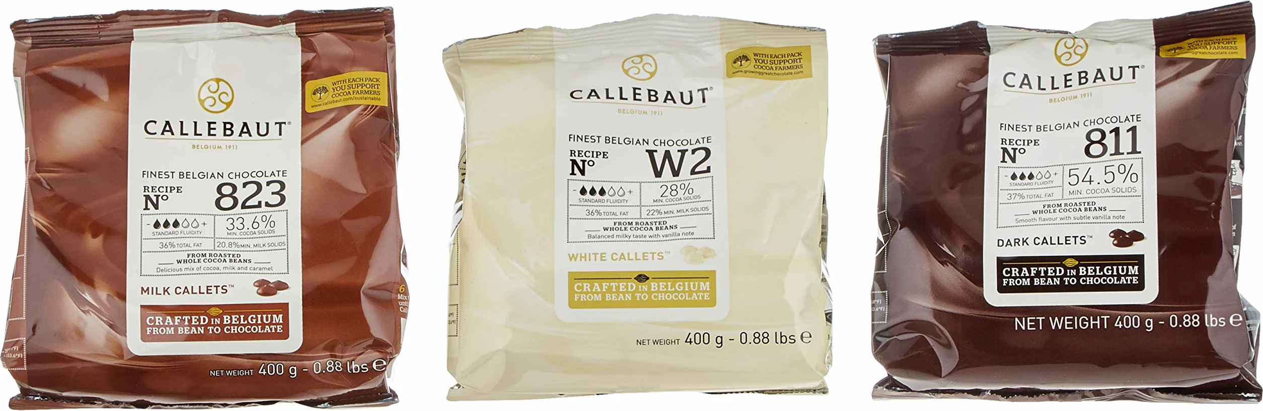 Callebaut Bundle - Chocolat de Couverture au Lait, Noir & Blanc Belge - Finest Belgian Chocolate (Callets) Lot de 3 x 400g