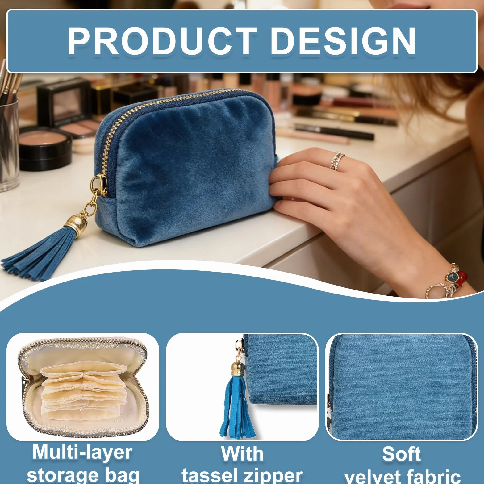 Pochette Bijoux Voyage Velours Fermeture Éclair Anti-Rayures Anti-Nœuds Colliers Bracelets Bleu Paon
