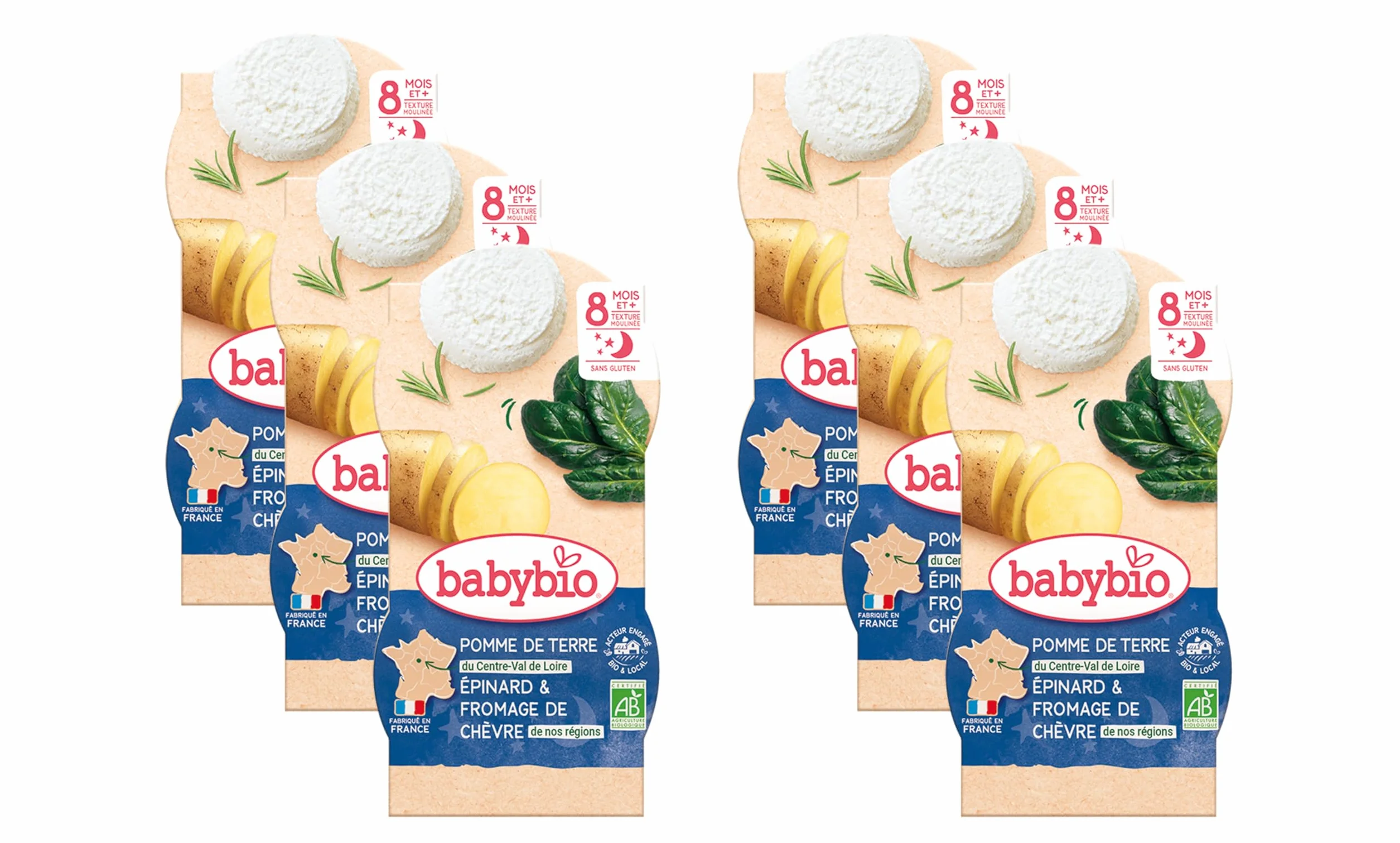 Babybio - Bols Pomme de Terre Epinard Chèvre - BIO - 8+ Mois - 2x200g - Lot de 6