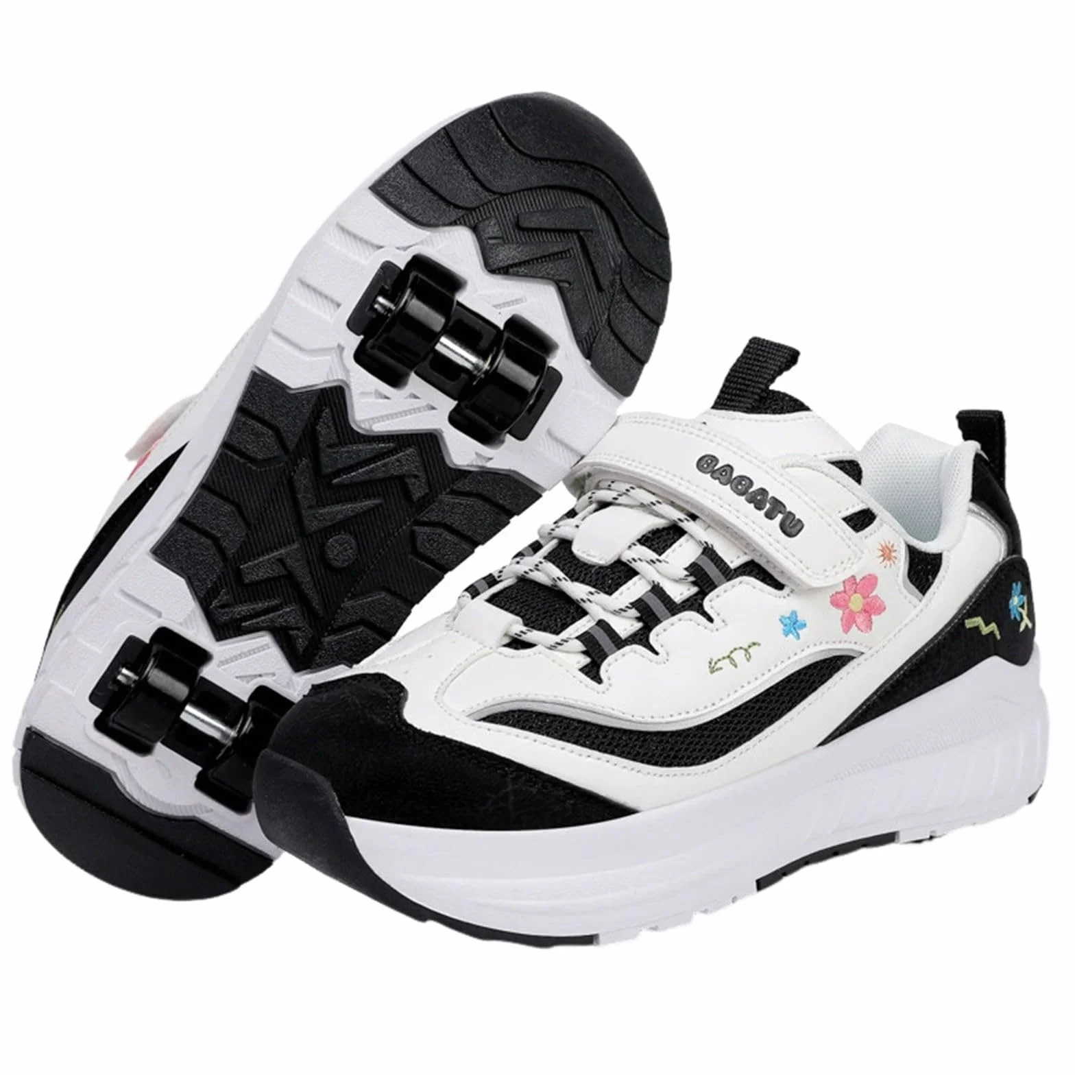 Surwin Chaussures Roulettes Enfant Fleur Broderie Basket 2 en 1 Sneakers Roller Respirant Skateboard