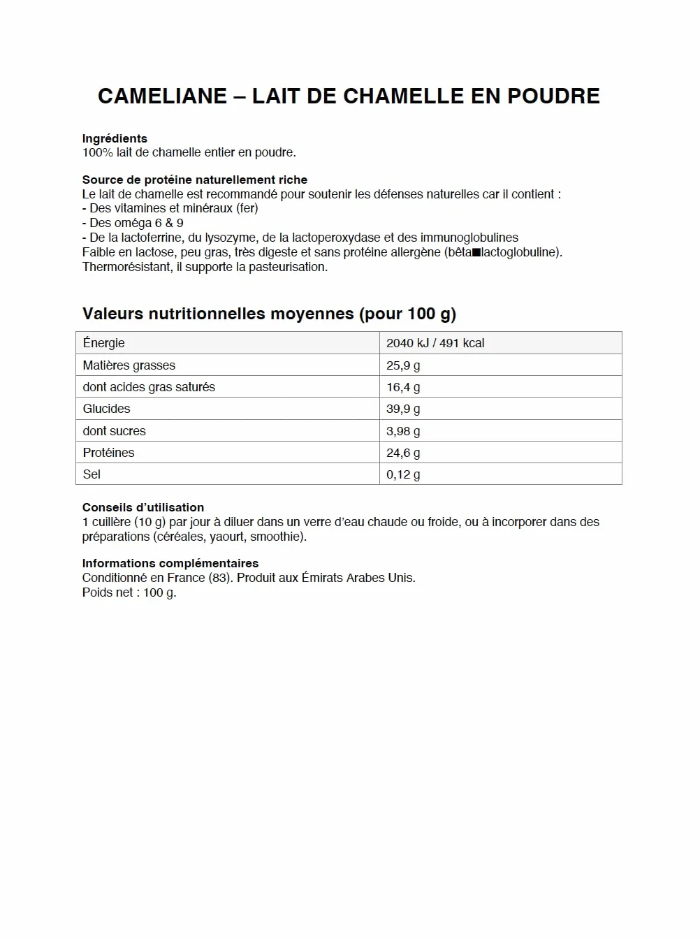 Сamel milk en poudre – lait de chamelle 100% entier, riche en protéines, faible en lactose, qualité premium, 100 g