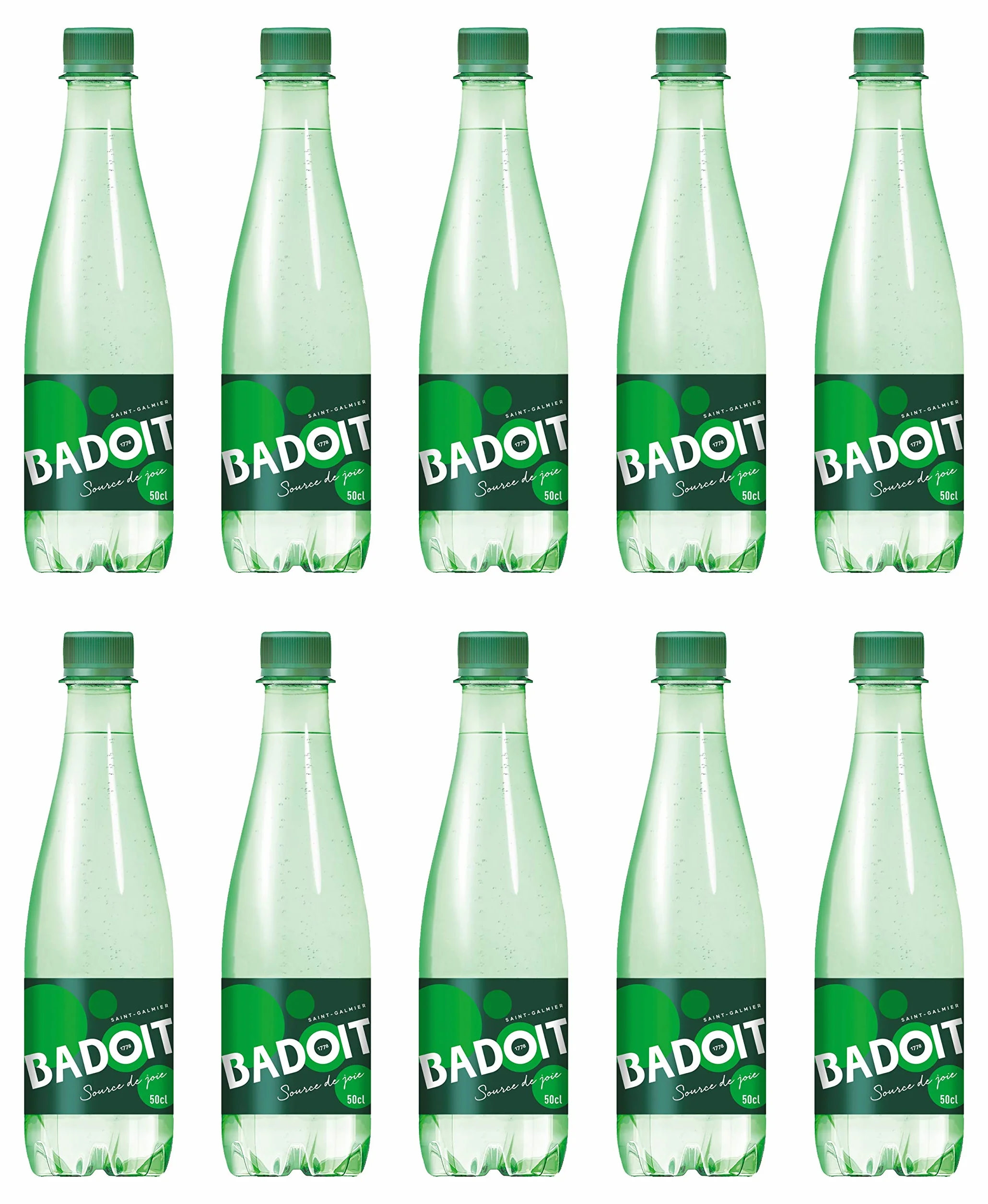 Badoit Natural Spring Lot de 10 bouteilles en plastique pour eau pétillante de 500 ml au total 500 ml