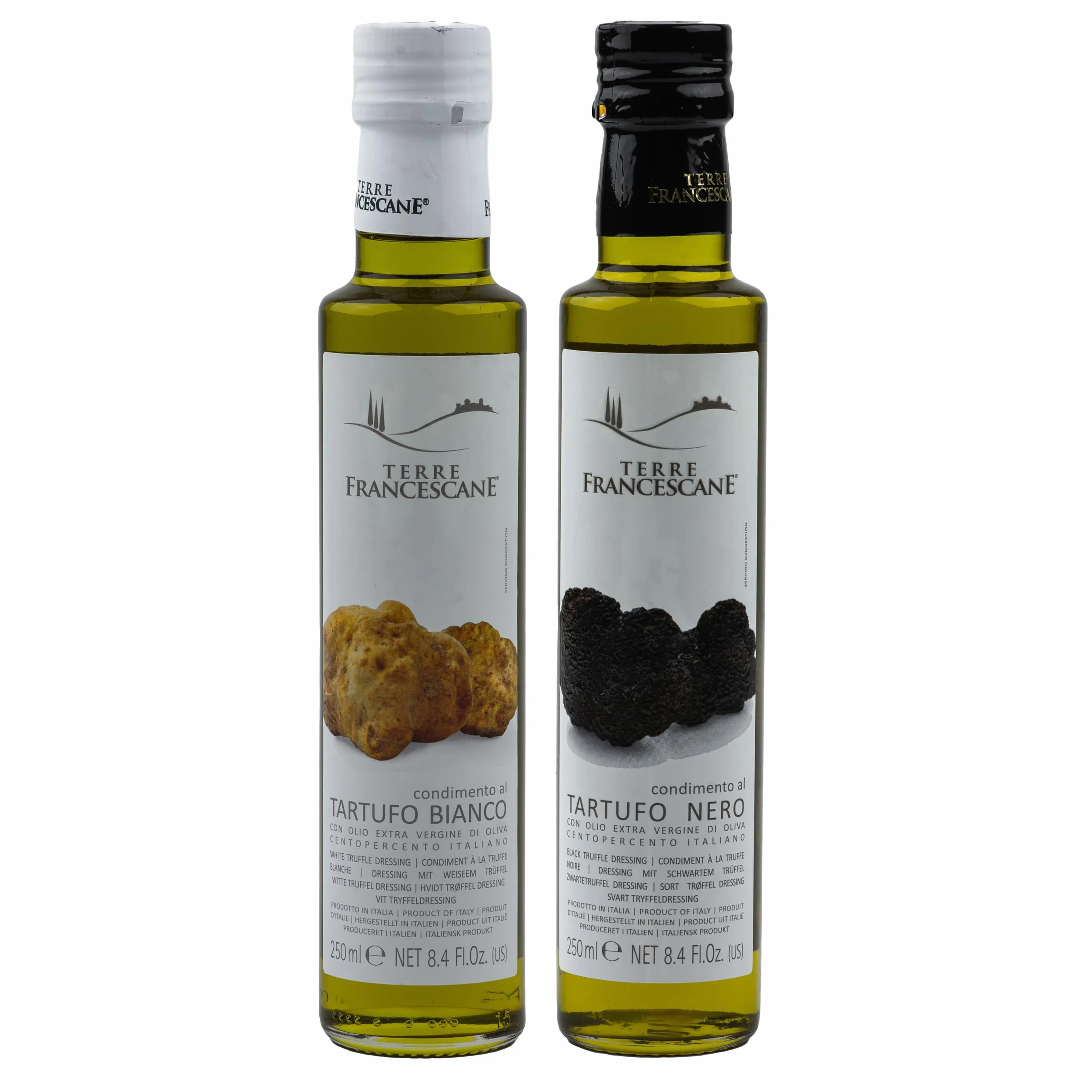 Food-United TERRE FRANCESCANE Lot de 2 x 250 ml d'huile d'olive extra vierge avec arôme de truffe blanche et noire - Huile de truffe de qualité supérieure en provenance d'Italie pour gourmets (1)