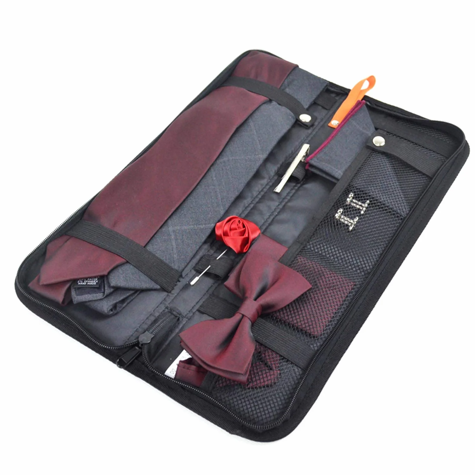 Sac de rangement en nylon noir 40,6 x 12,7 x 2 cm pour homme avec pinces à cravate et boutons de manchette