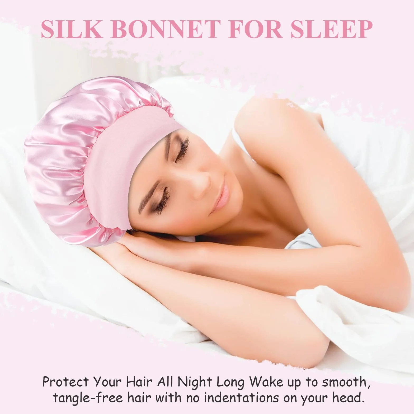 Bonnet Satin Cheveux Nuit avec Elastiques, Protection Cheveux Noir Rose