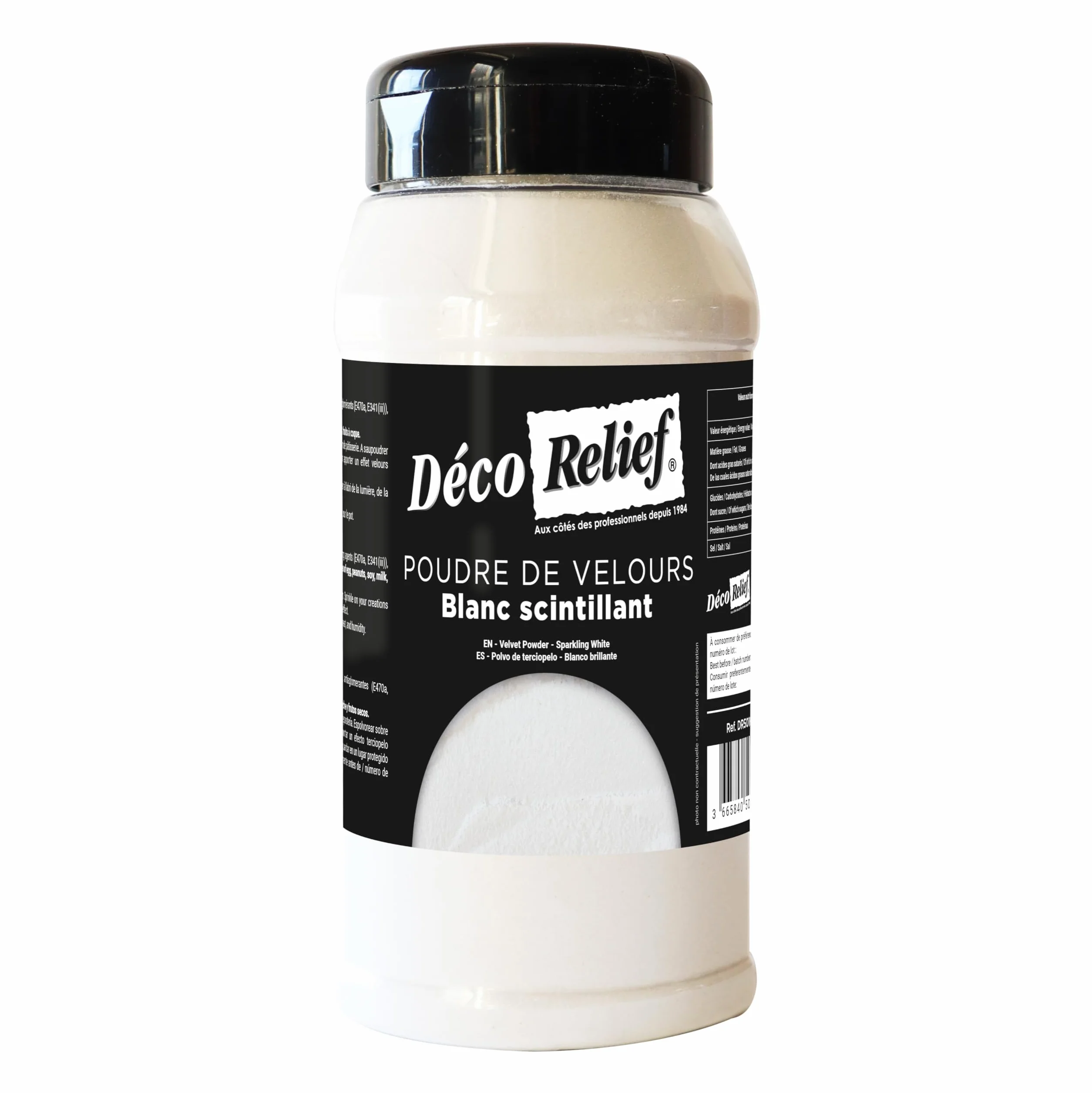 Déco Relief - Poudre de velours blanc scintillant 500 g - Poudre Effet Velours pour Gâteaux, Pâtisseries, Bûches - DR50160
