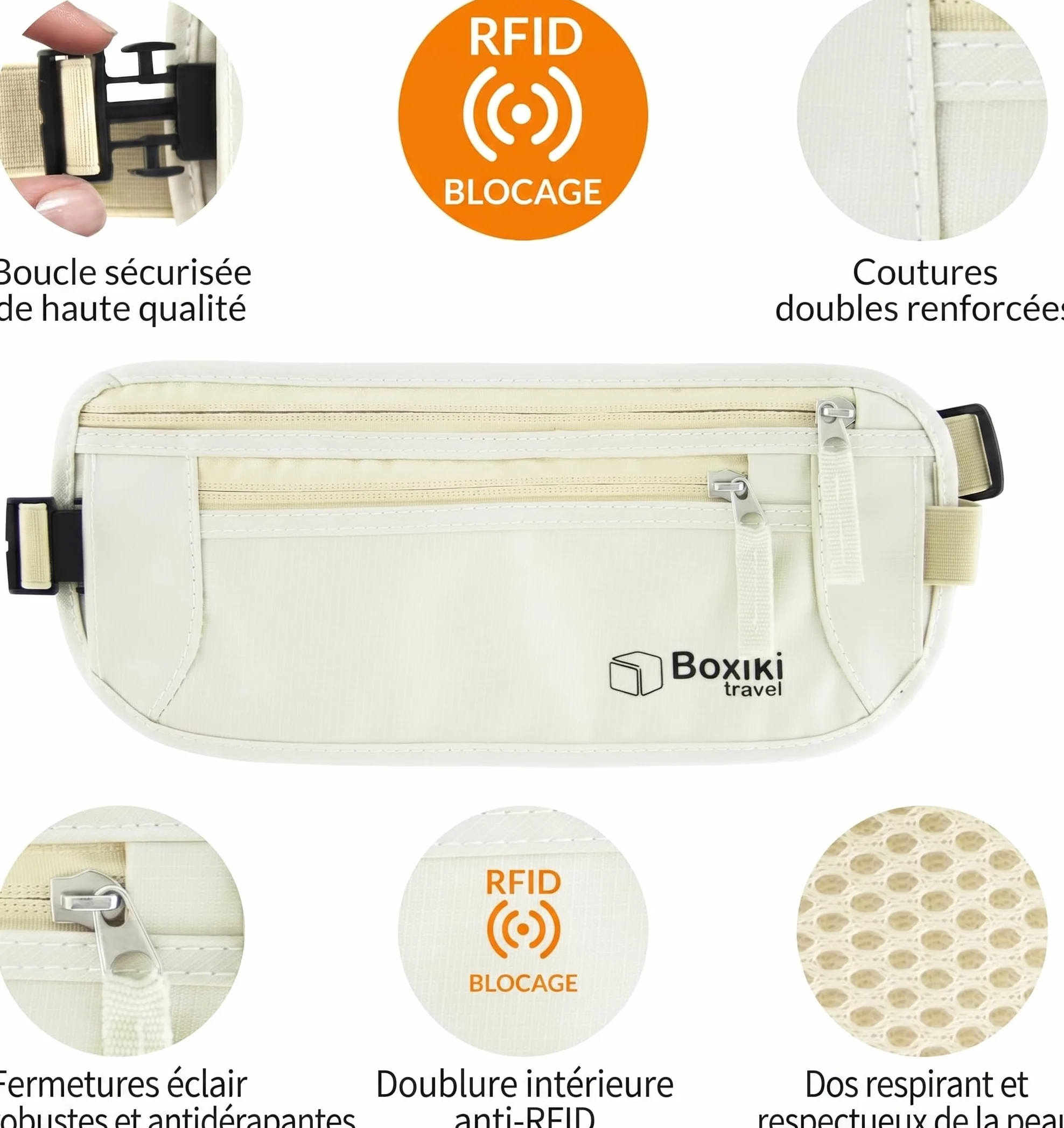 Ceinture Porte-Monnaie RFID Lot de 8 Manchons - Sac Banane Homme Femme Antivol Protection 360 Degres, Beige