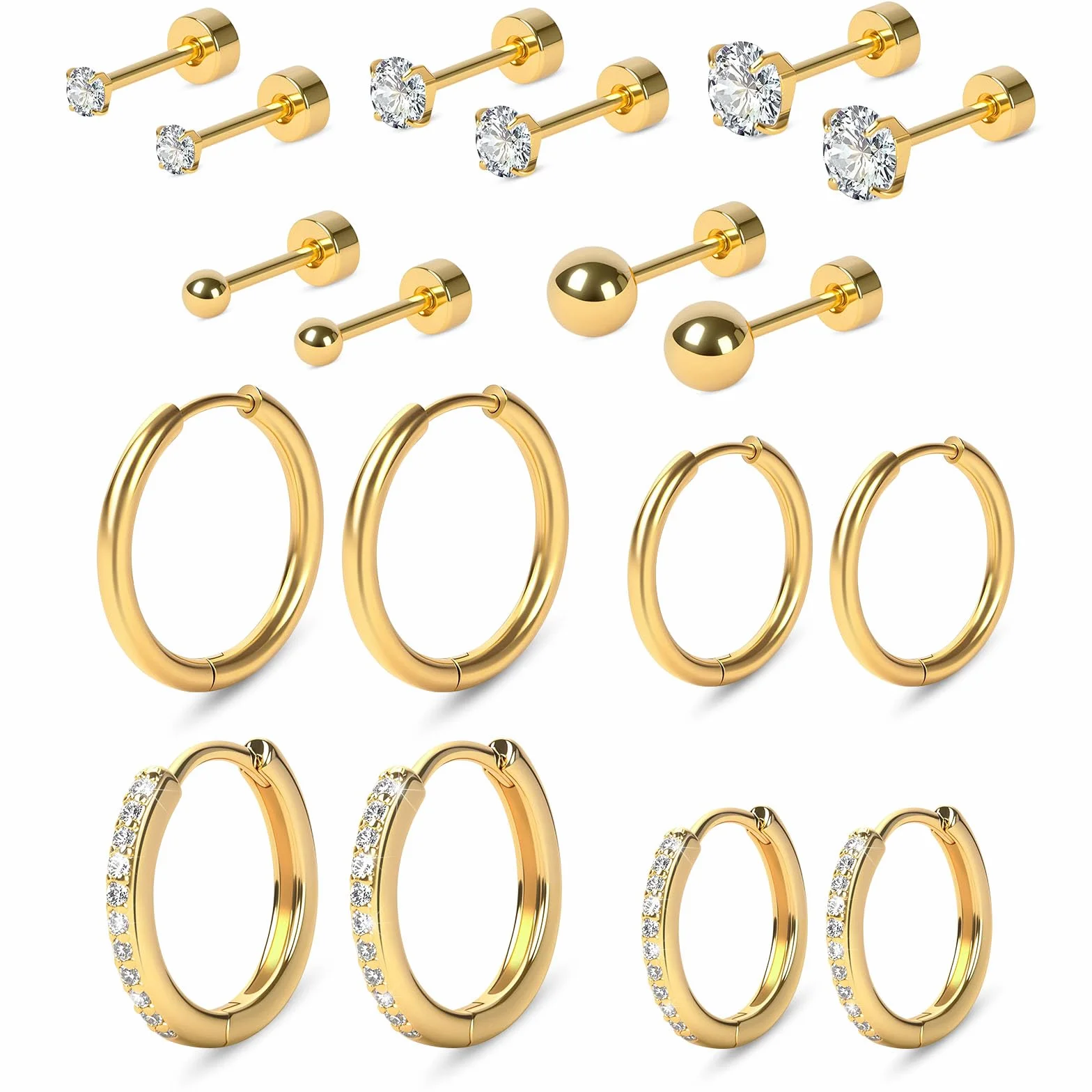 Boucles d'Oreilles Acier Inoxydable 9 Paires Femmes Creoles Clous Hypoallergéniques Cartilage Helix