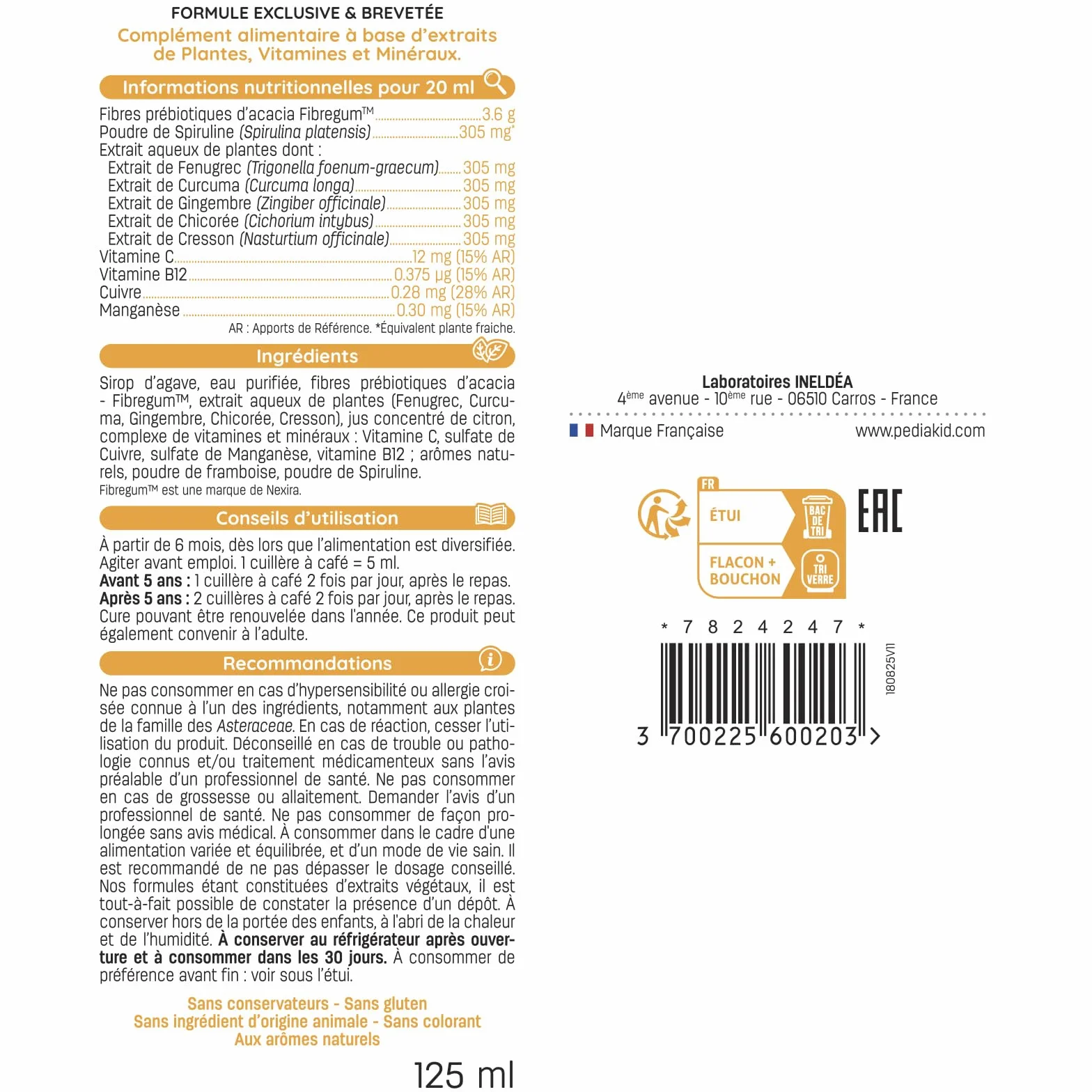 PEDIAKID - Sirop Appétit-Tonus - Complément Alimentaire Naturel - Formule Exclusive au Sirop d'Agave - Stimule l'Appétit - Aide à la Prise de Poids - Flacon de 125 ml