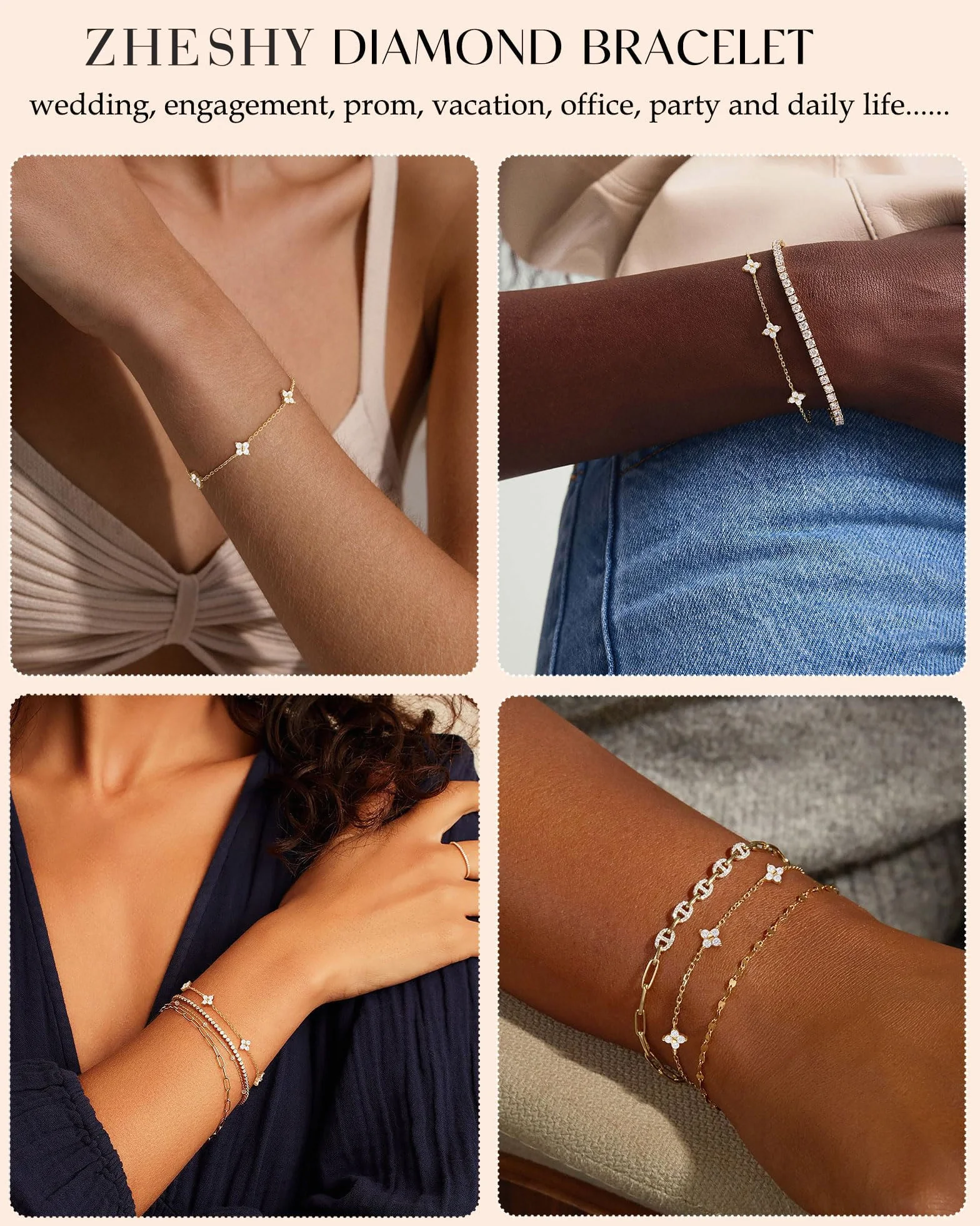 Bracelet Femme Argent 925 Or 14k Plaqué Or Réglable Trèfle 4 Feuilles Croix Chrétienne Coeur Zircon Cubique