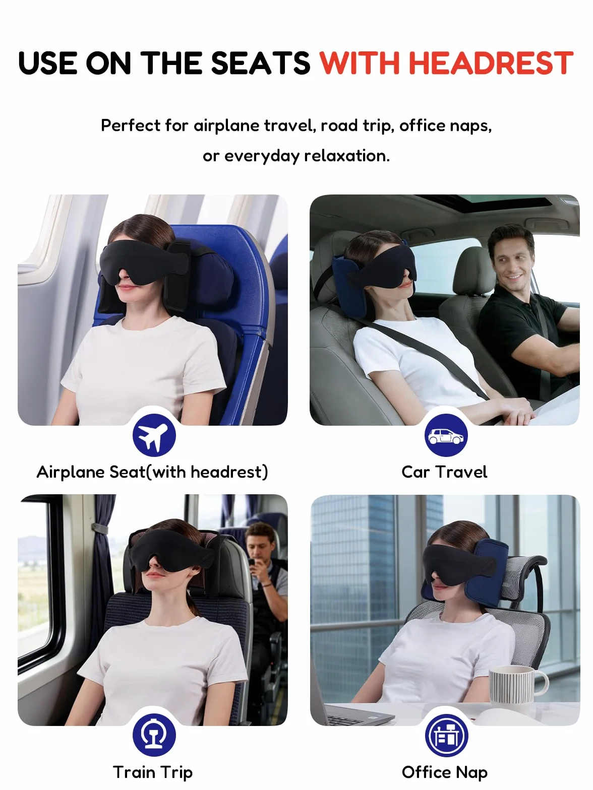 Oreiller de Voyage avec Sangle et Masque 3D Maintien Tête 360° Anti-Basculement Noir