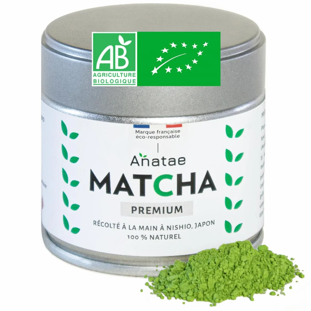 Anatae Marque française - Thé Matcha bio premium japonais - Amertume discrète - Poudre de thé vert matcha 100% BIO qualité premium - Récolté à la main à Nishio, Japon. (30)