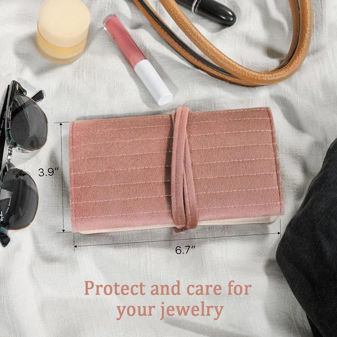 Pochette Bijoux Voyage Trousse de Rangement en Velours Rouleau Organisateur pour Colliers Bracelets Boucles d'oreilles Compact Rose