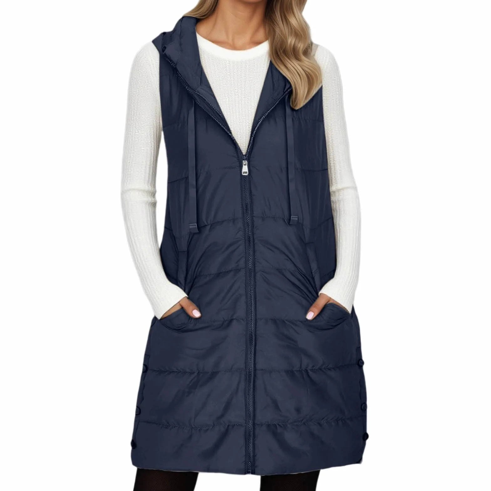 Femme Longue Doudoune sans Manches avec Capuche Gilet Chaud Veste Hiver Poches Zippée