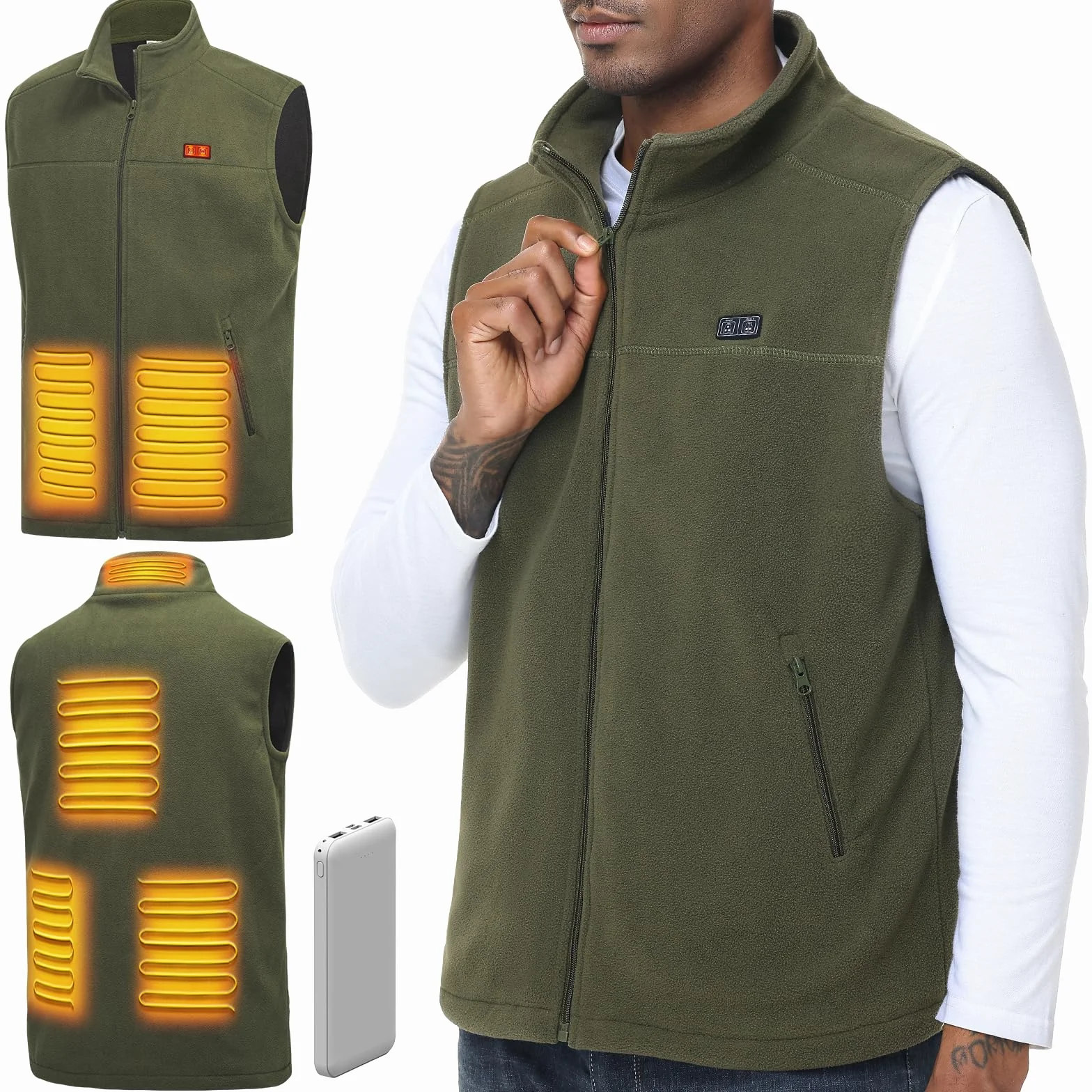 Gilet chauffant homme femme 10000mAh 5V USB micro polaire blouson chauffant avec batterie incluse manteau électrique 3 niveaux 6 zones chauffante hiver