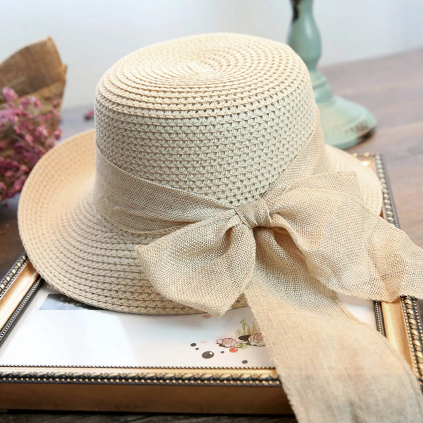 Chapeau Melon Femme Nœud Papillon Capeline Paille Anti-UV Plage Été