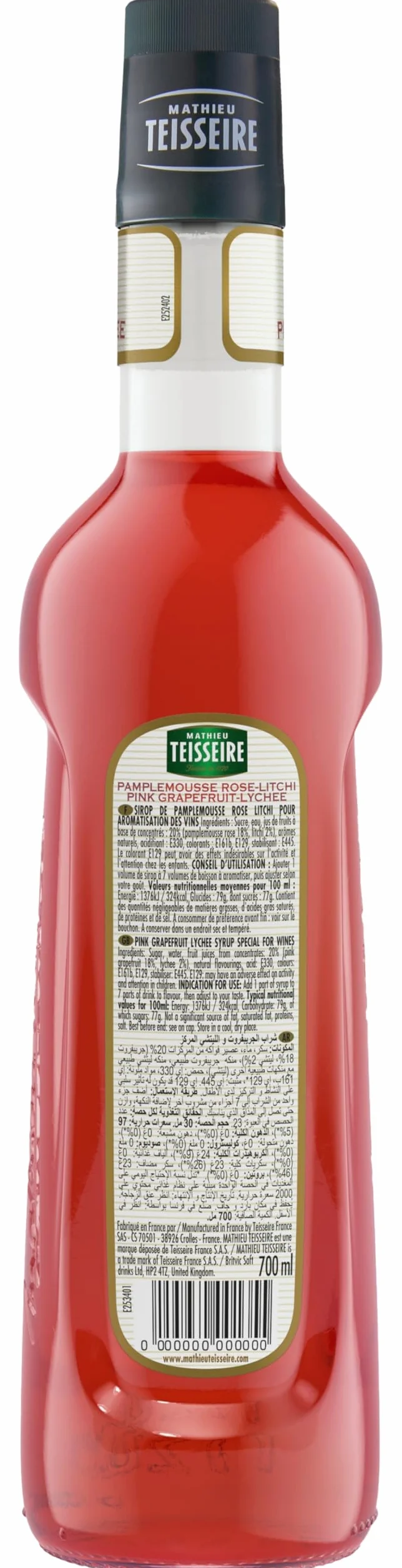 Sirop de Pamplemousse Rose - Litchi Mathieu Teisseire, pour boissons, cocktails avec ou sans alcool, boissons gazeuses, thés, bouteille de 70cl