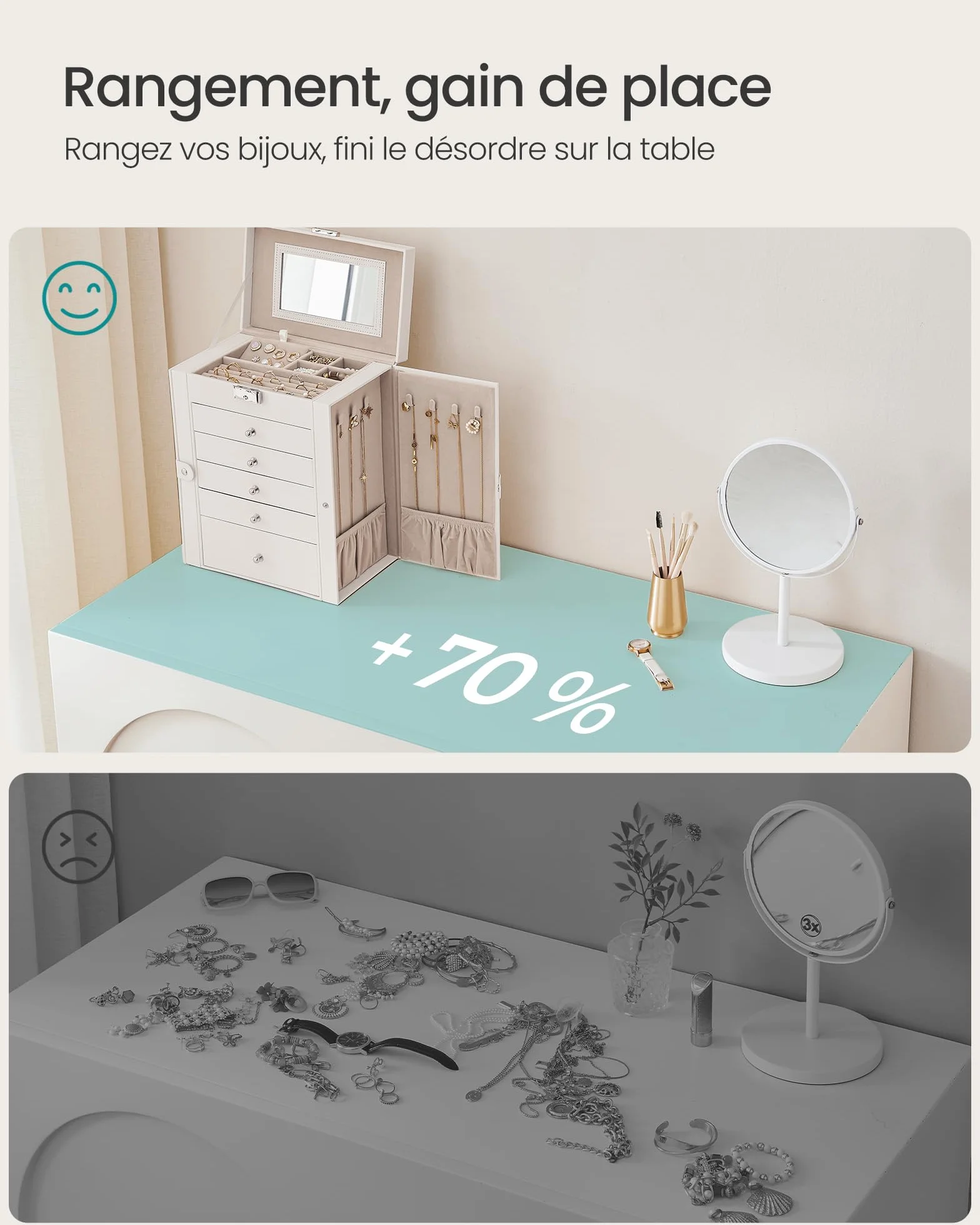 SONGMICS Boîte à Bijoux 6 Niveaux 5 Tiroirs Coffre de Rangement avec Miroir Intérieur Verrouillable Blanc Nuage JBC152W01