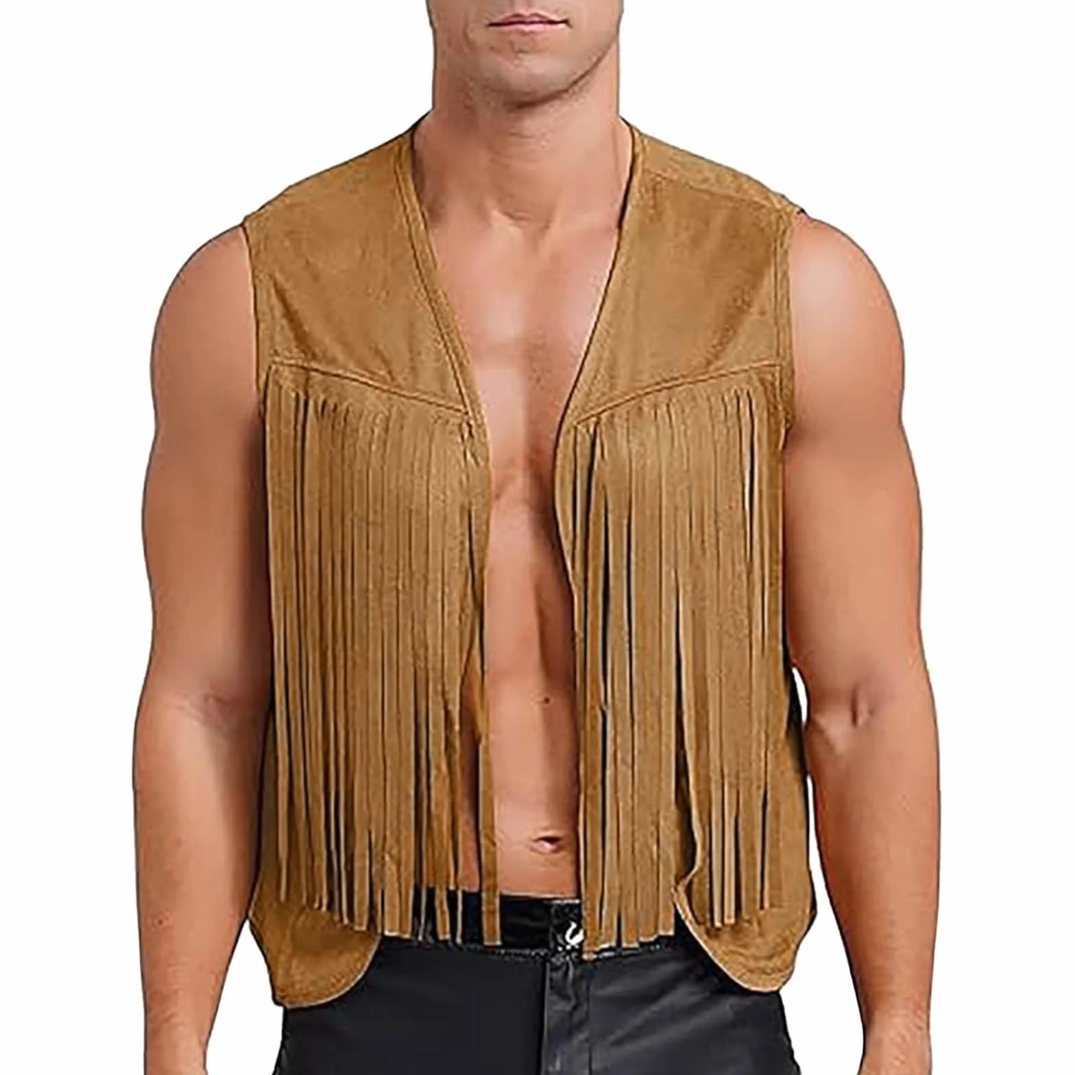 Gilet de cowboy sans manches en daim pour homme - Gilet à franges rétro bohème hippie - Costume de carnaval