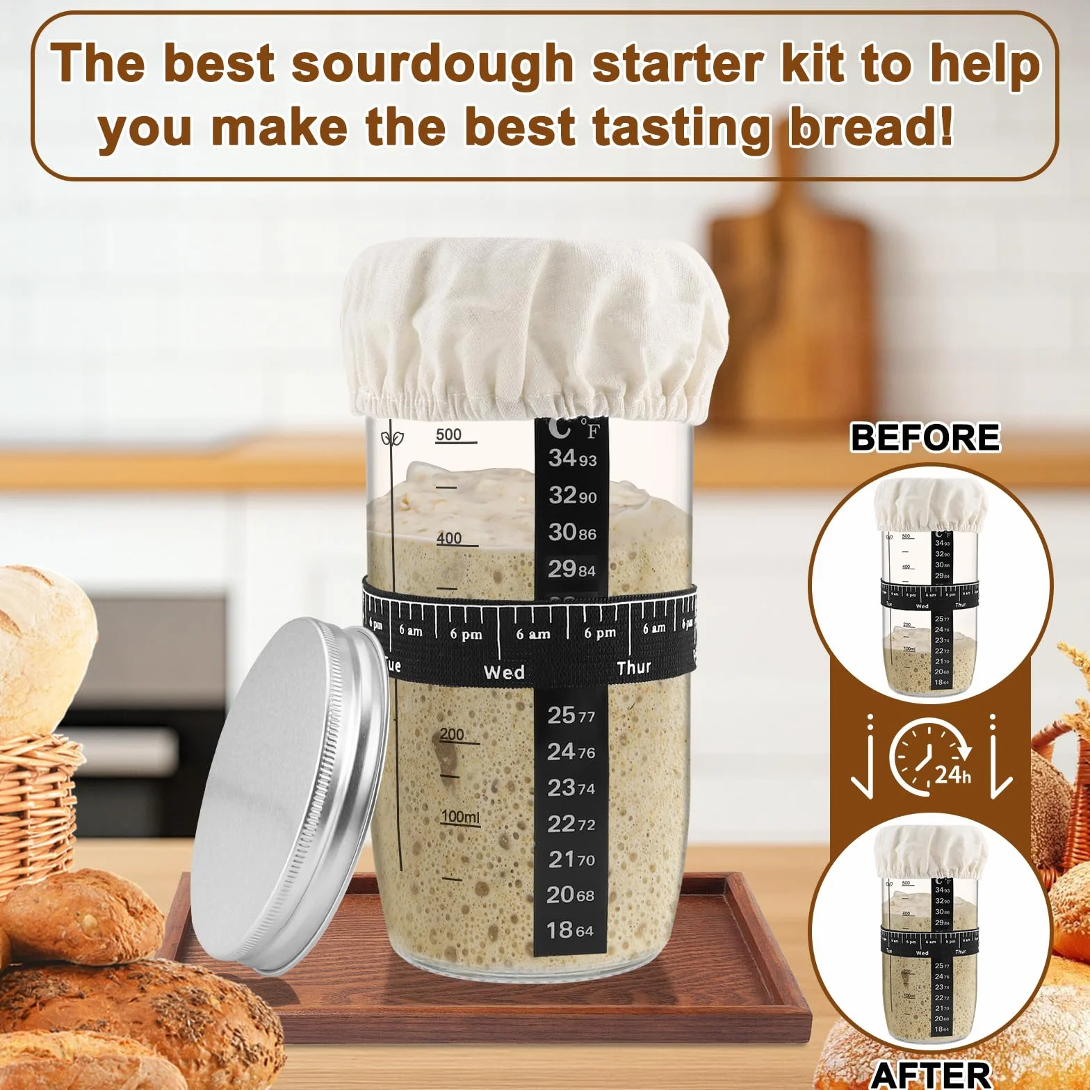 Kit Pain au Levain 730 ml – 8 pièces incluant bocal en verre, récipient de fermentation, spatule, ruban de marquage, couvercle en tissu cousu – Parfait pour le démarrage du levain