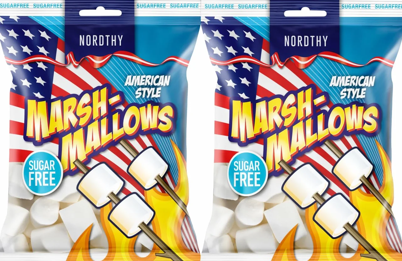 Nordthy Marshmallows American Style Sans Sucre 2x100g – Guimauves Moelleuses à la Vanille – Confiserie Faible en Calories – Chamallows Sans Sucres Ajoutés