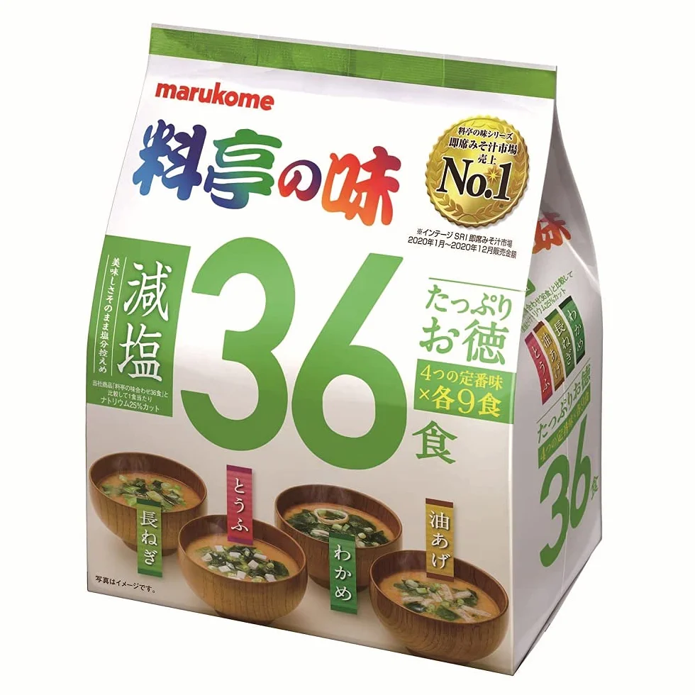 Marukome Soupe Miso Ryotei no Aji 4 Saveurs, Réduit en Sel, Pack de 36 Soupes Miso Instantanées Japonaises (Algues Wakame, Oignons Verts, Tofu, Aburaage)